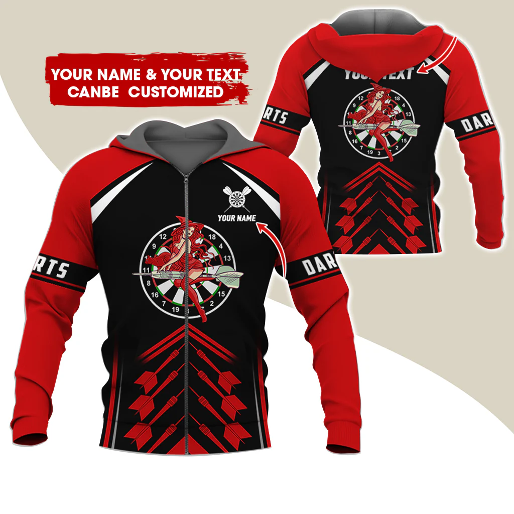Customized Name & Text Witch Darts Premium Zip Hoodie, Personalized Name Dartboard Zip Hoodie For Men & Women - Gift For Darts Lovers, Darts Players - Image 6