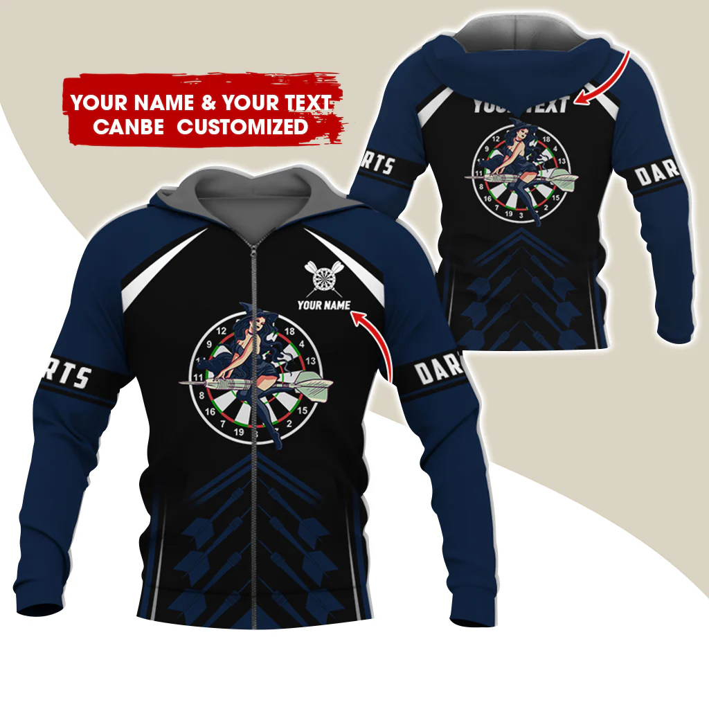 Customized Name & Text Witch Darts Premium Zip Hoodie, Personalized Name Dartboard Zip Hoodie For Men & Women - Gift For Darts Lovers, Darts Players - Image 7