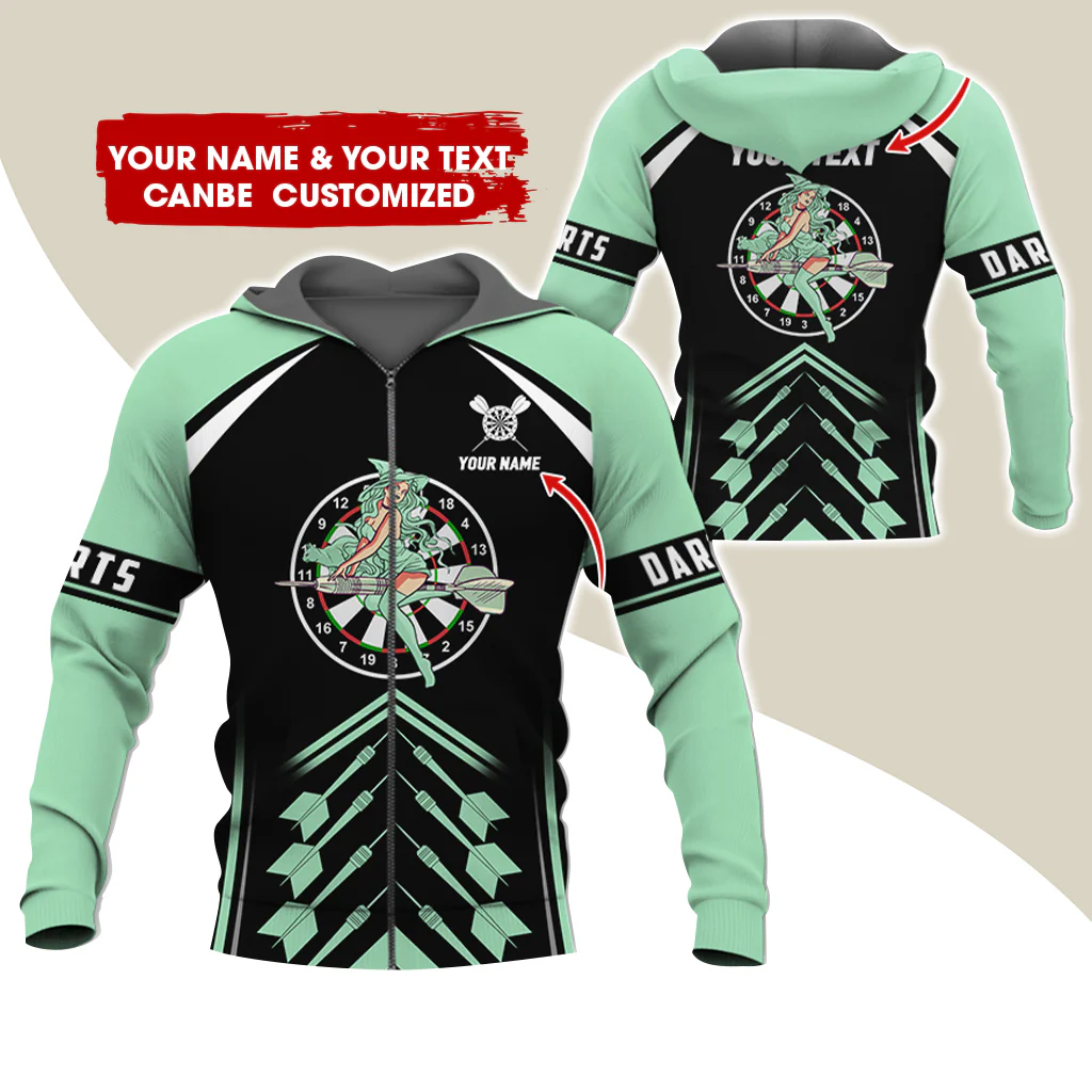 Customized Name & Text Witch Darts Premium Zip Hoodie, Personalized Name Dartboard Zip Hoodie For Men & Women - Gift For Darts Lovers, Darts Players - Image 9
