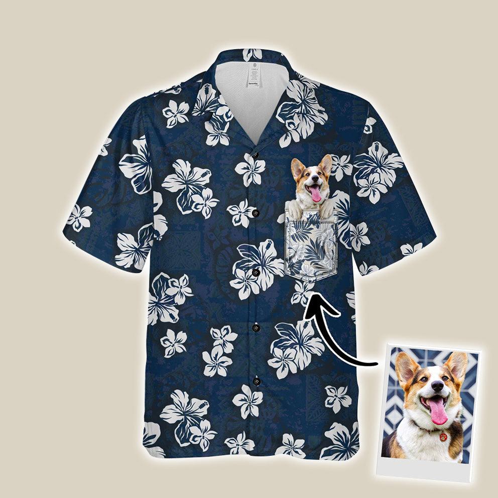 Customized Pet Face Hawaiian Shirt With Pet Face On Pocket - Custom Face Lovely Dog Hawaiian Shirts, Hibiscus Flowers Pattern Navy Color Aloha Shirts - Image 2
