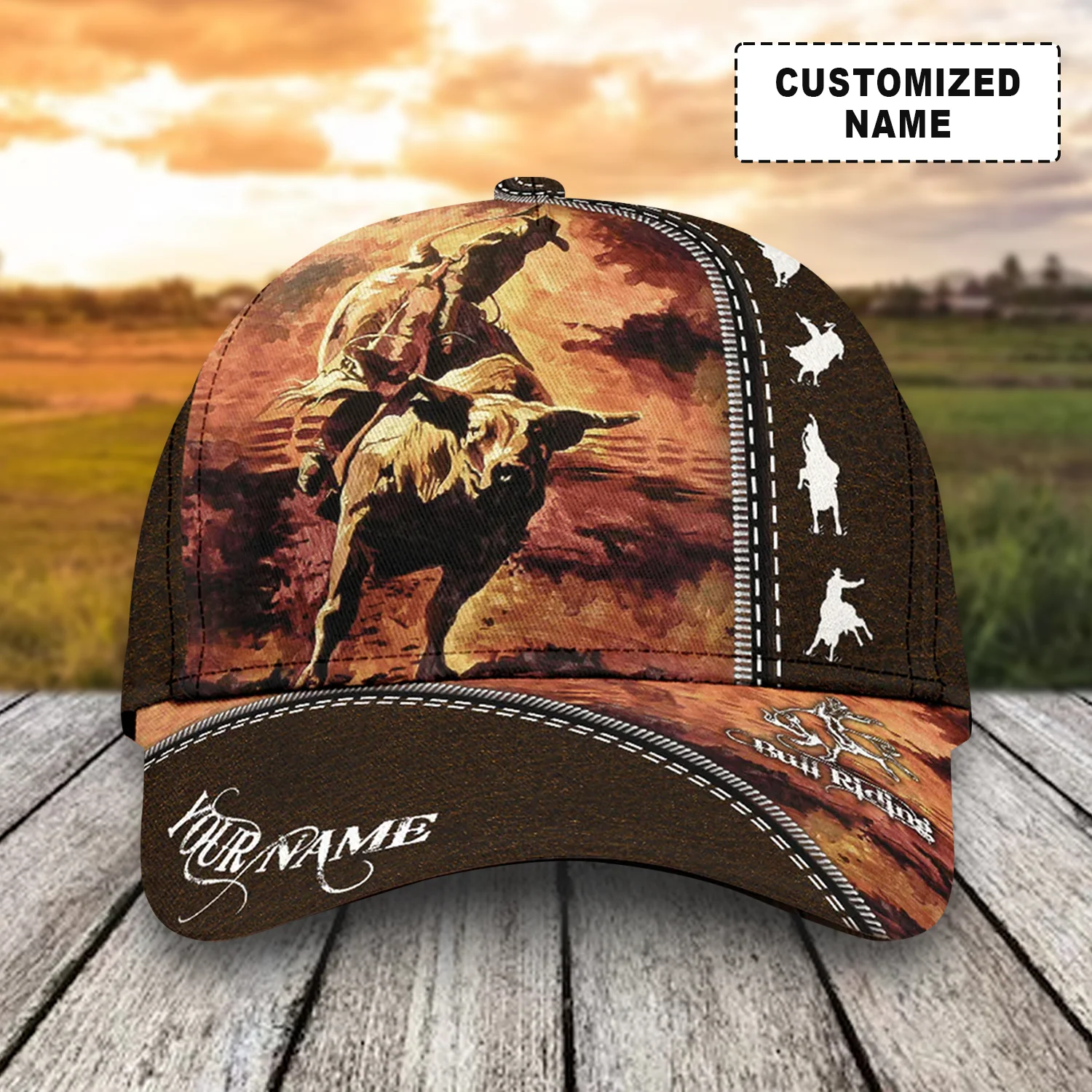 Customized Rodeo Baseball Caps Hat, Bull Riding Brown Pattern Baseball Caps, Best Hat Gift For Rodeo, Bull Riding - Image 2