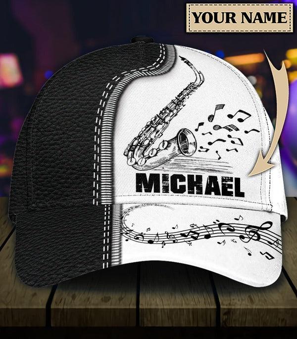 Customized Saxophone Classic Cap, Saxophone In Leather Pattern, Personalized Name Classic Cap For Men - Perfect Gift For Saxophone Lovers, Music Lovers