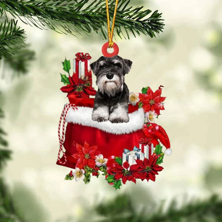 Customized Schnauzer In Red Gift Bag Acrylic Christmas Ornament, Personalized Christmas Gift For Dog Lovers, Dog Mom