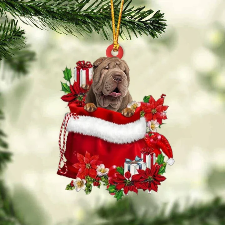 Customized Shar Pei In Red Gift Bag Acrylic Christmas Ornament, Personalized Christmas Gift For Dog Lovers, Dog Mom - Image 2