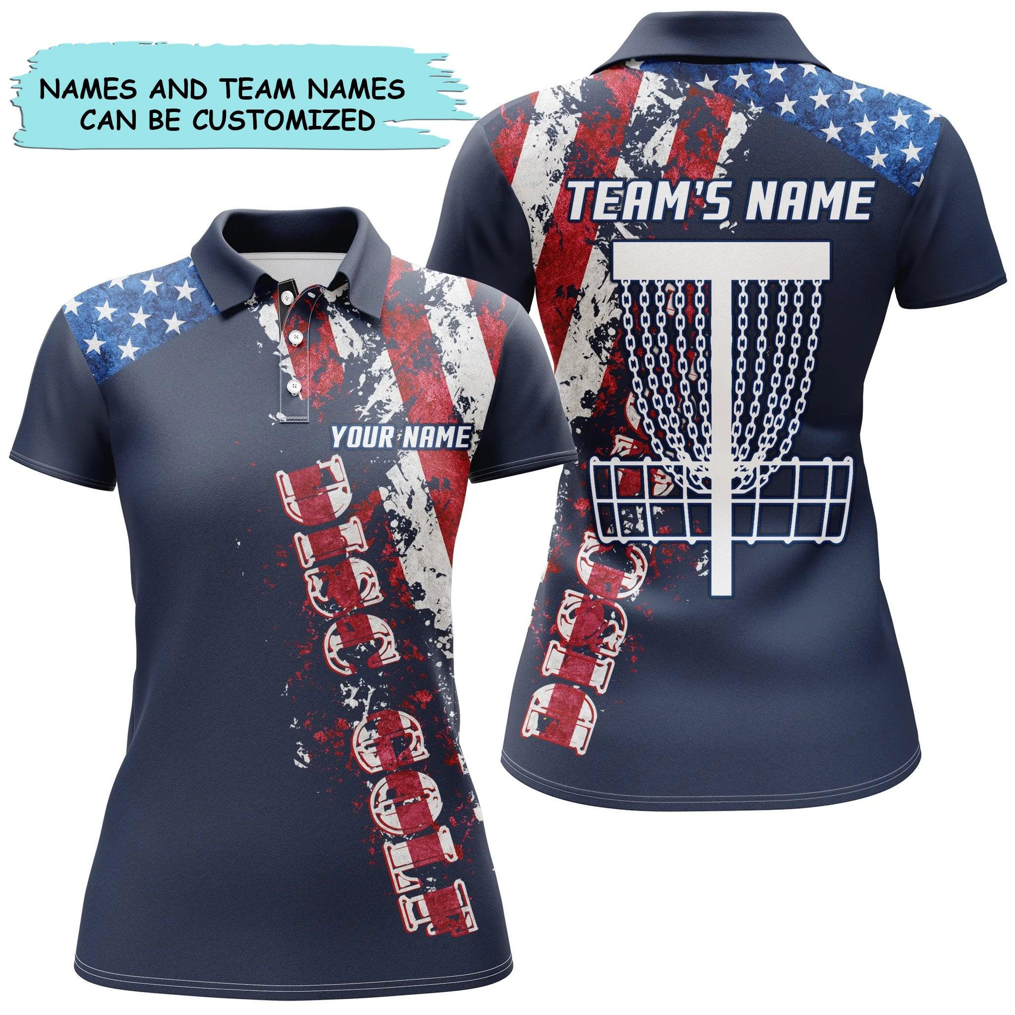 Customized Team Name Disc Golf Women Polo Shirt, American Flag, Disc Golf Basket Shirts, Blue Navy - Perfect Gift For Ladies, Disc Golf Lovers