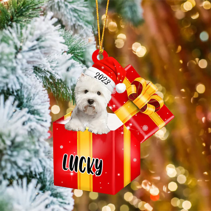 Customized West Highland White Terrier Dog In Red Gift Box Acrylic Christmas Ornament Custom Name Pet Ornament - Gift For Dog Lovers, Pet Lovers