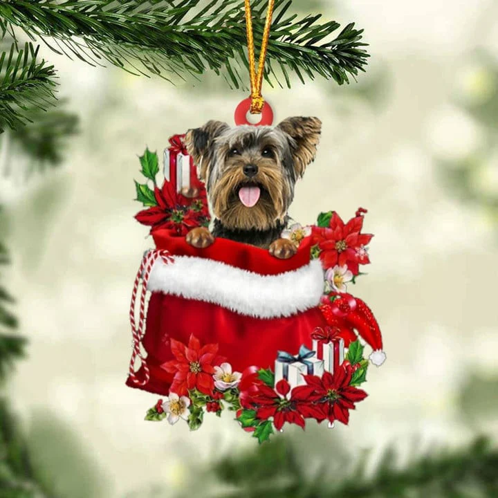 Customized Yorkshire Terrier In Red Gift Bag Acrylic Christmas Ornament, Personalized Christmas Gift For Dog Lovers, Dog Mom - Image 2