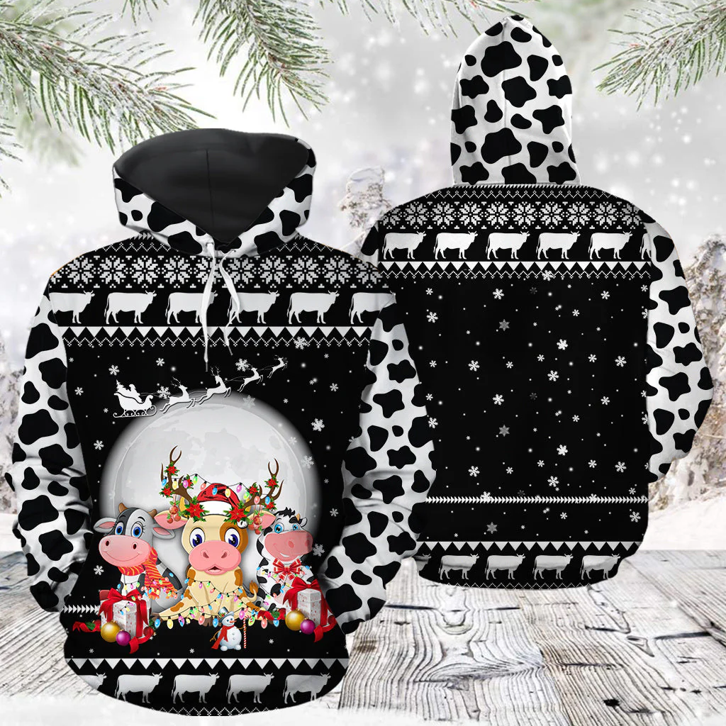 Cute Cow Christmas Pullover Premium Hoodie Black & White, Perfect Outfit For Men And Women On Christmas New Year Autumn Winter