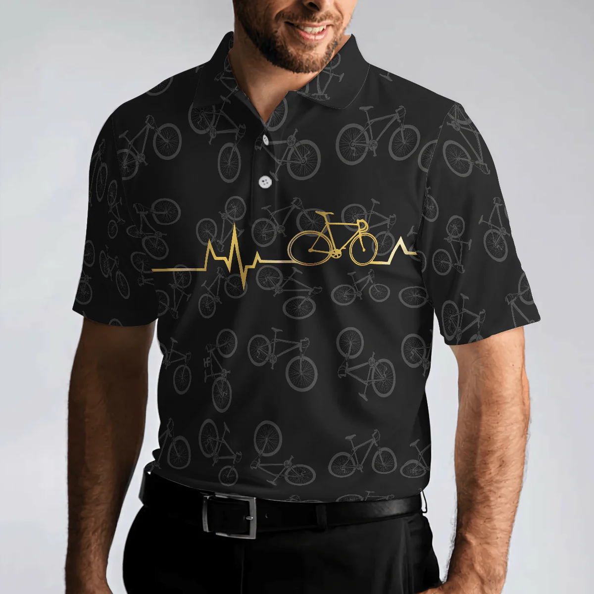 Cycling Golden Heartbeat Polo Shirt, Black Cycling Shirt For Cyclists, Thoughtful Gift Idea For Sport Lovers - Image 5