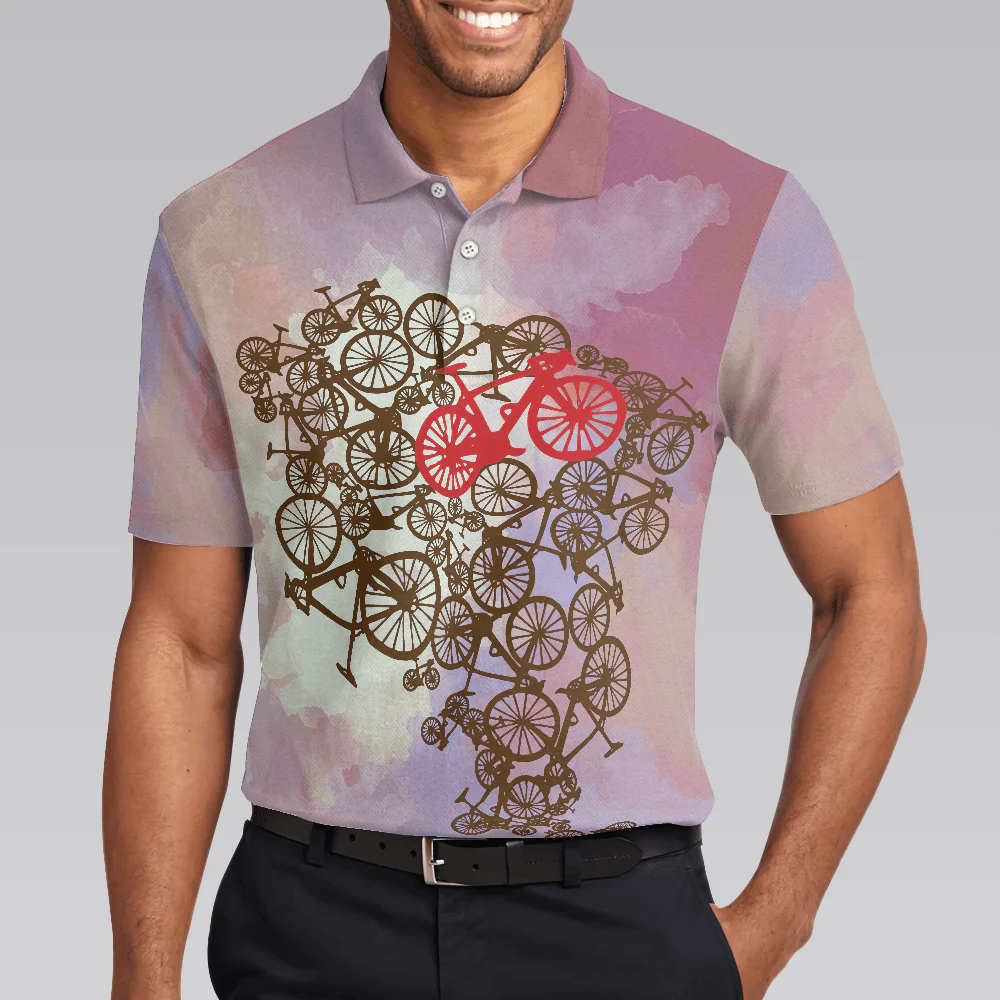 Cycling Polo Shirt, Tie Dye Pink Cycling Shirt For Bikers, Best Cycling Themed Polo Shirt For Adults - Image 6