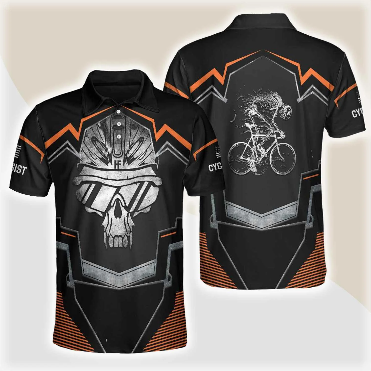 Cycling Skeleton Short Sleeve Polo Shirt, Black Skull Cyclist Shirt For Men, Polo Shirt Gift For Men