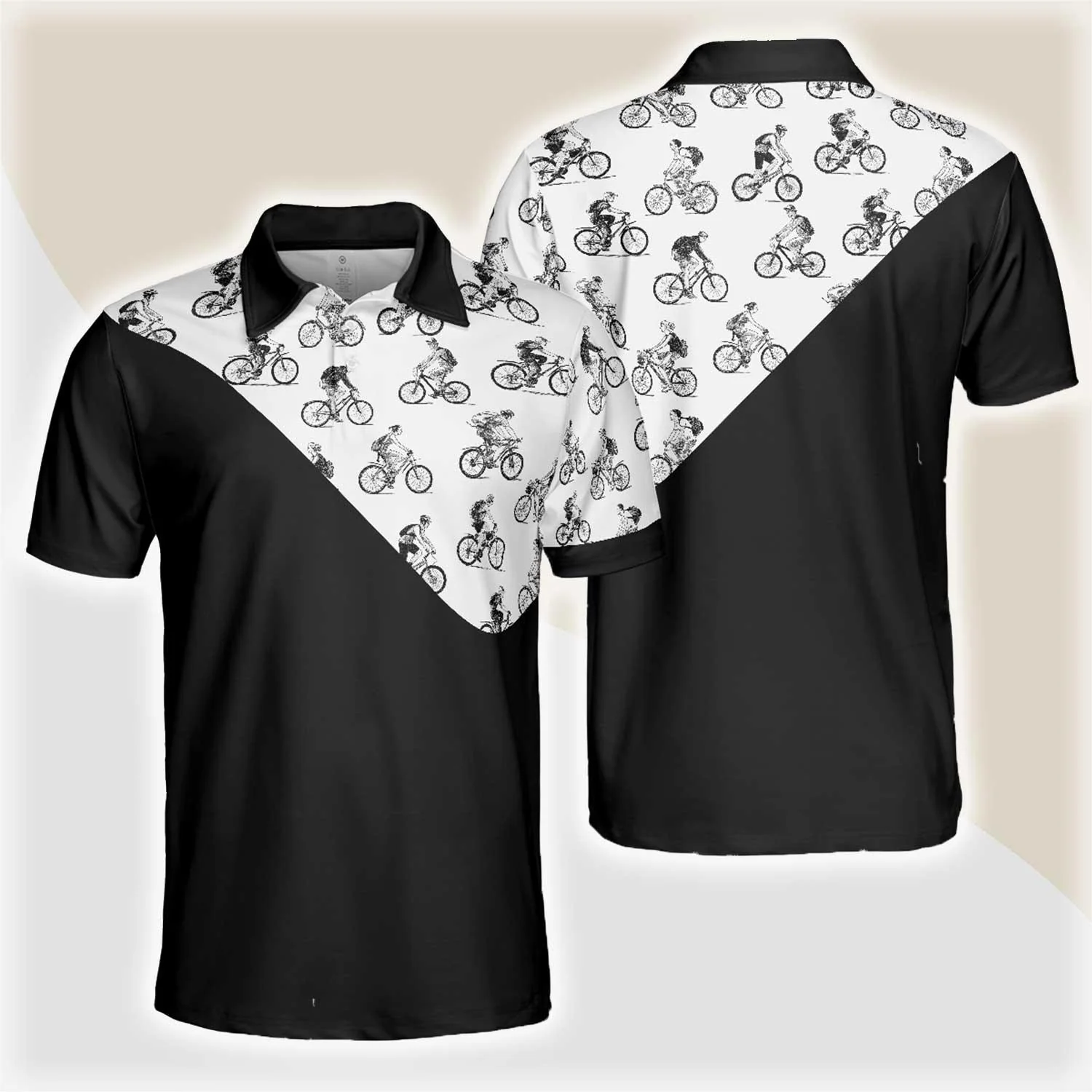 Cyclists Sketch Pattern Polo Shirt, Black And White Cycling Pattern Polo Shirt, Sporty Shirt For Cyclists