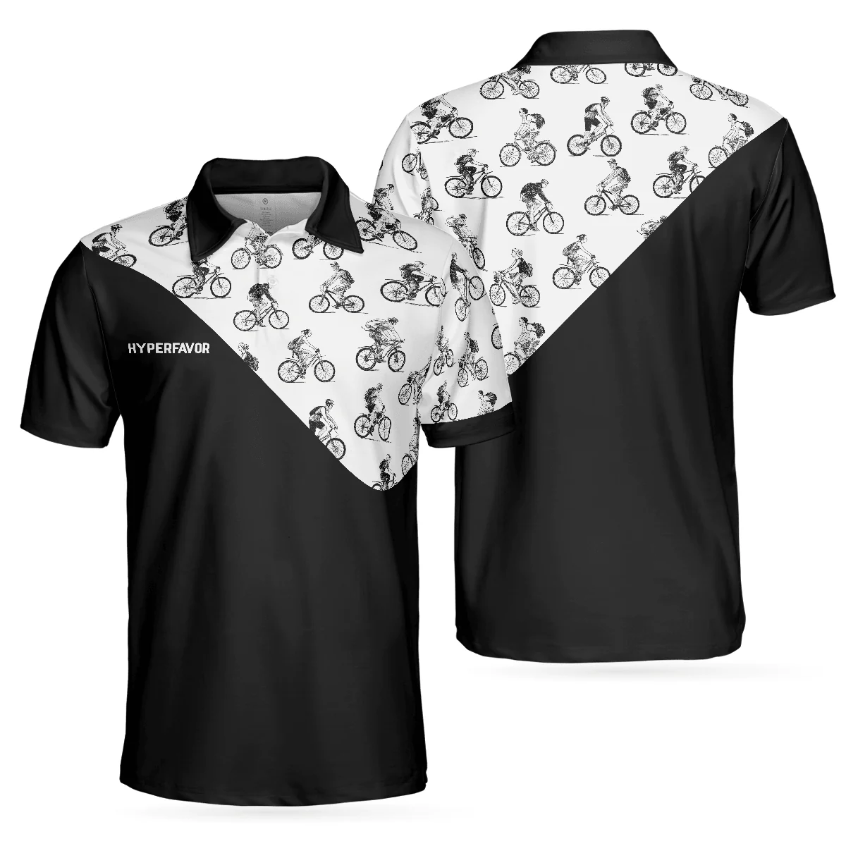 Cyclists Sketch Pattern Polo Shirt, Black And White Cycling Pattern Polo Shirt, Sporty Shirt For Cyclists - Image 2