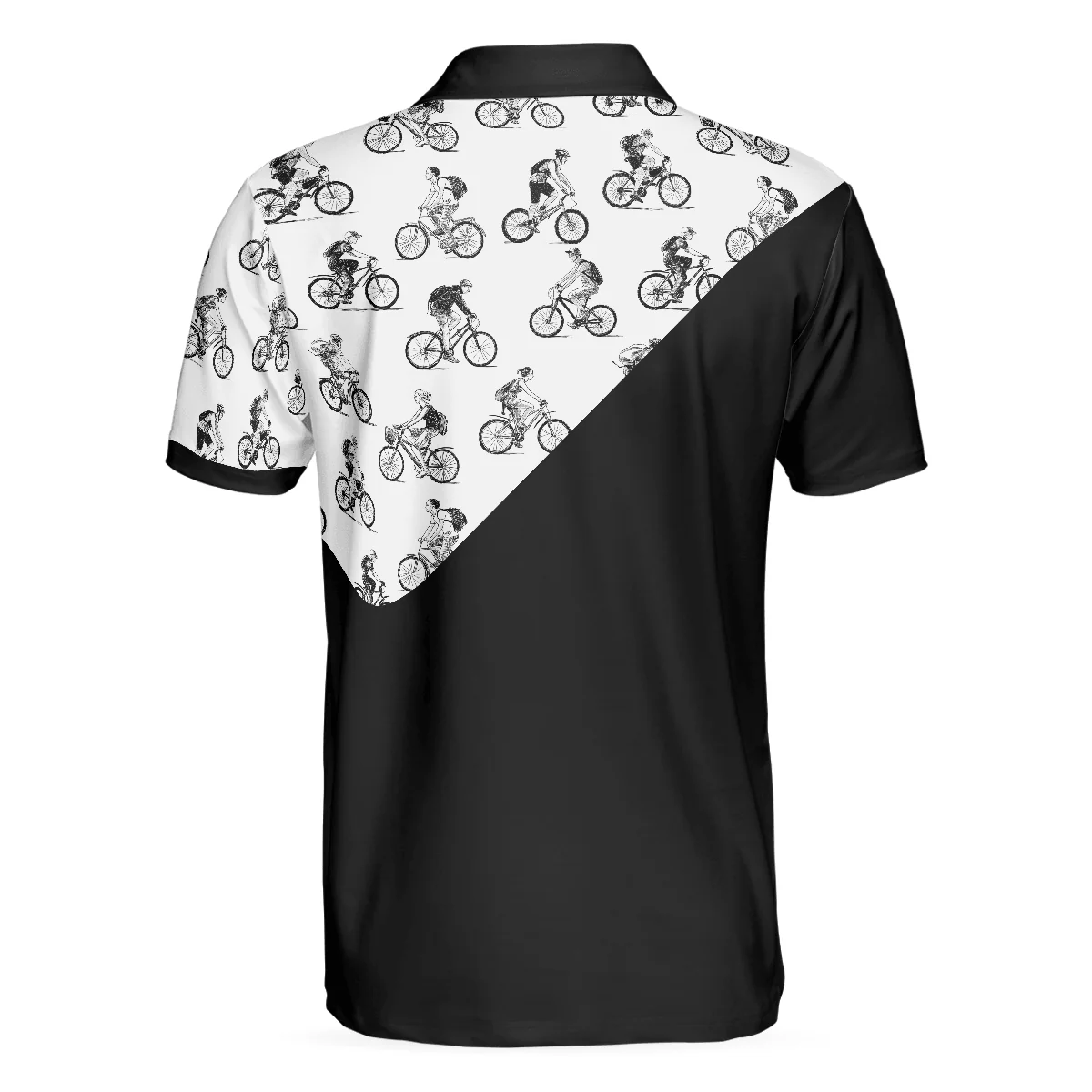 Cyclists Sketch Pattern Polo Shirt, Black And White Cycling Pattern Polo Shirt, Sporty Shirt For Cyclists - Image 3
