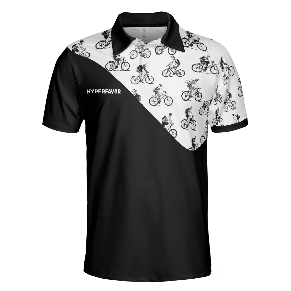 Cyclists Sketch Pattern Polo Shirt, Black And White Cycling Pattern Polo Shirt, Sporty Shirt For Cyclists - Image 4
