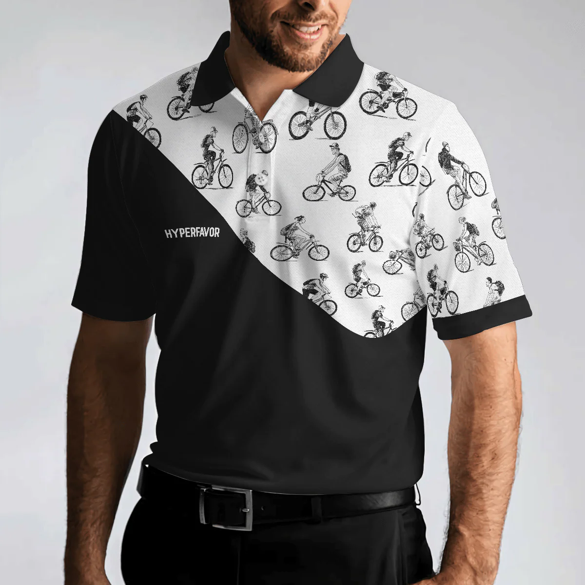 Cyclists Sketch Pattern Polo Shirt, Black And White Cycling Pattern Polo Shirt, Sporty Shirt For Cyclists - Image 6