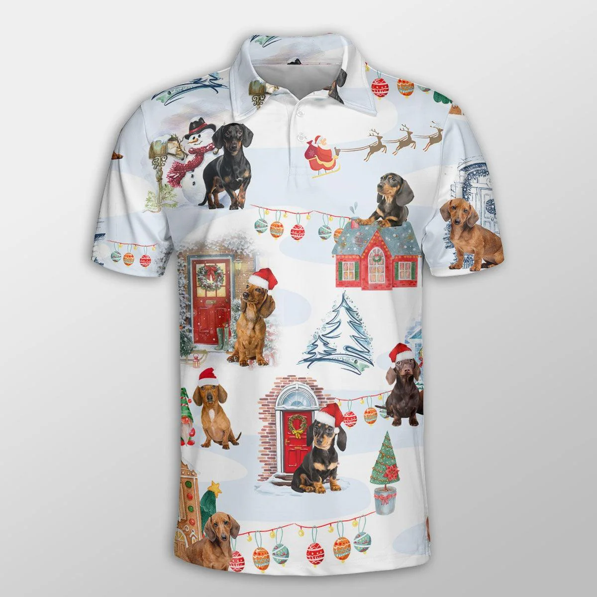 Dachshund Men Polo Shirts - Dachshund Christmas Red Door Dog Button Shirts For Men - Perfect Gift For Dachshund Lovers, Christmas Gifts - Image 2