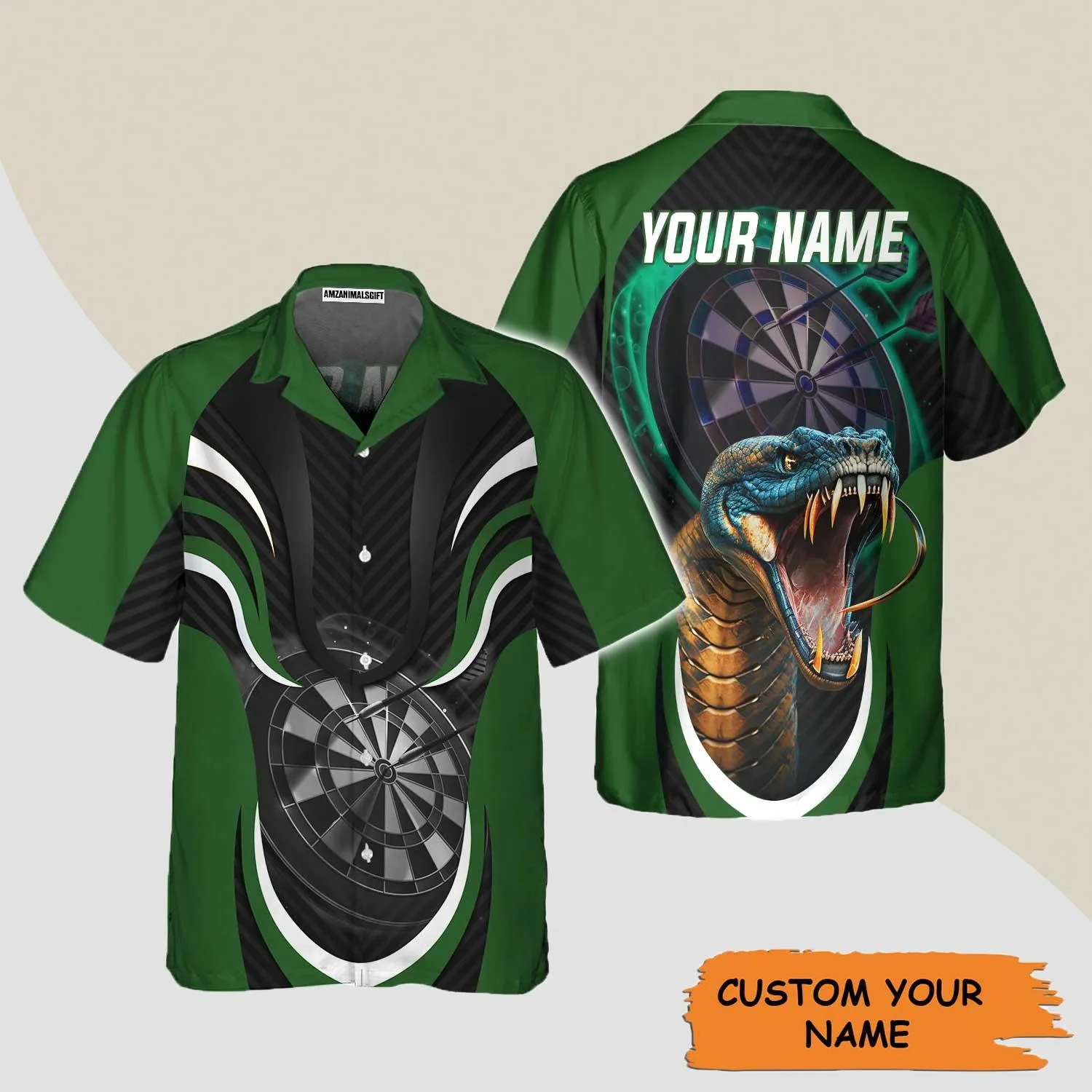 Darts Custom Name Aloha Hawaiian Shirts For Summer, Green Bullseye Dartboard Personalized Name King Cobra And Darts Hawaiian Shirt For Men Women, Team