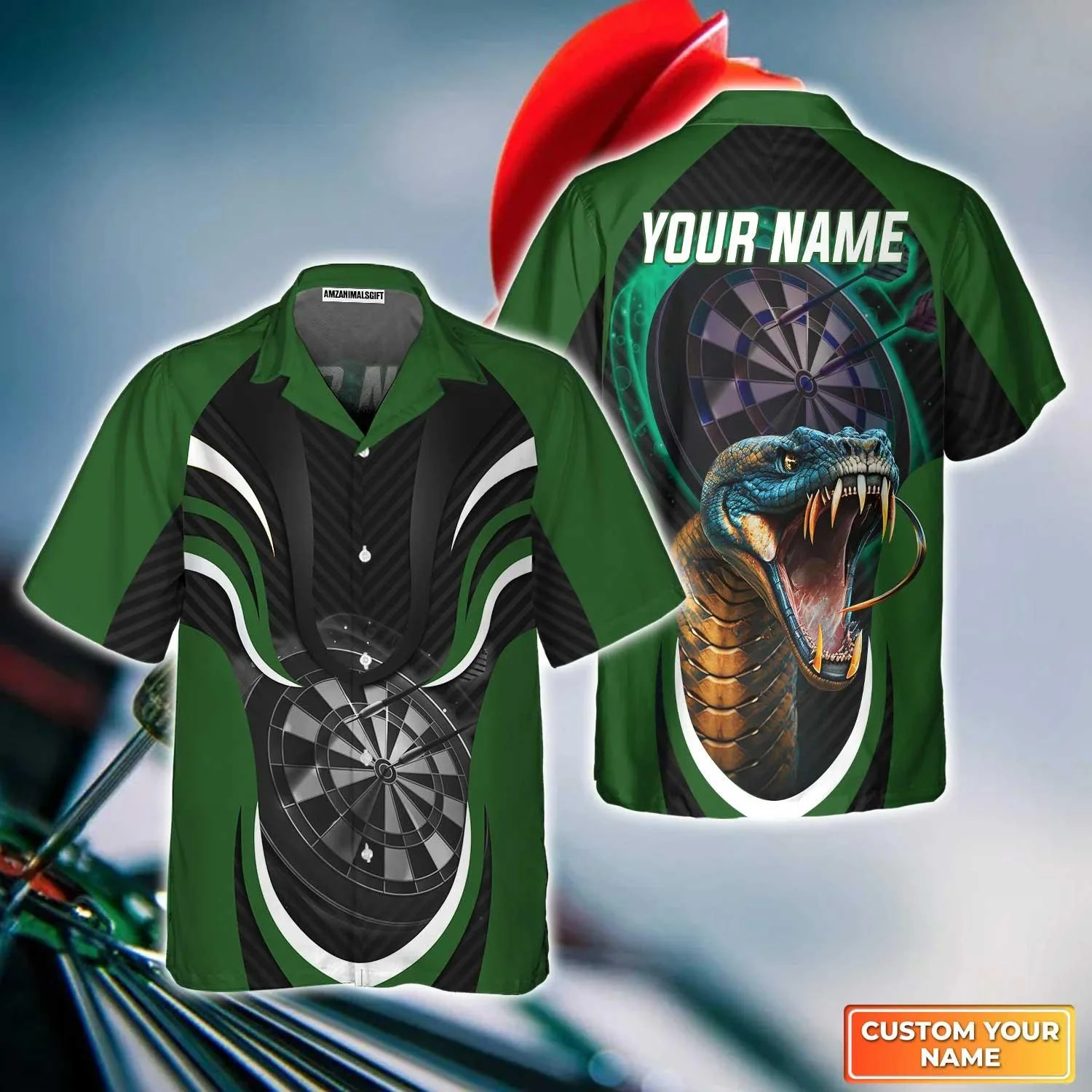 Darts Custom Name Aloha Hawaiian Shirts For Summer, Green Bullseye Dartboard Personalized Name King Cobra And Darts Hawaiian Shirt For Men Women, Team - Image 2