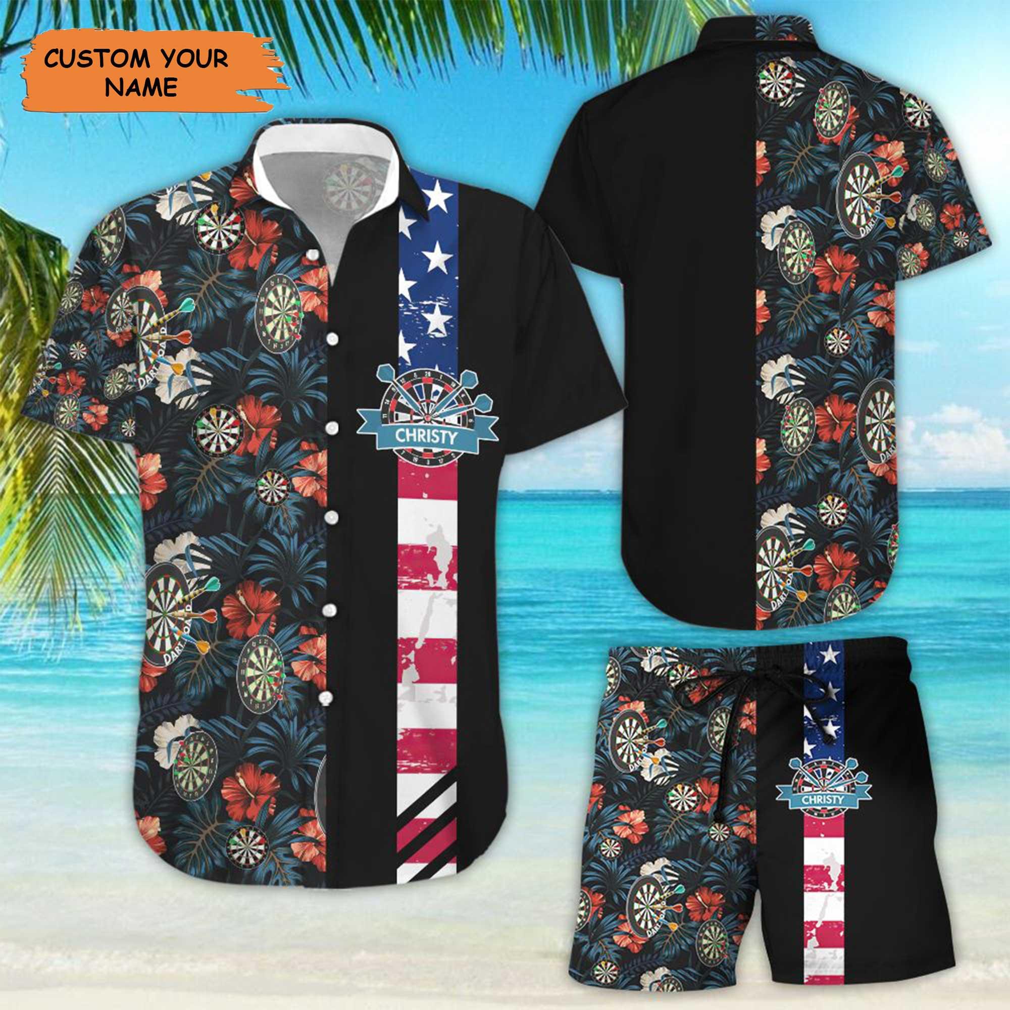 Darts Custom Name Aloha Hawaiian Shirts For Summer, Personalized Darts American Flag Tropical Hawaiian Set Clothing For Men Women, 4th Of July Apparel