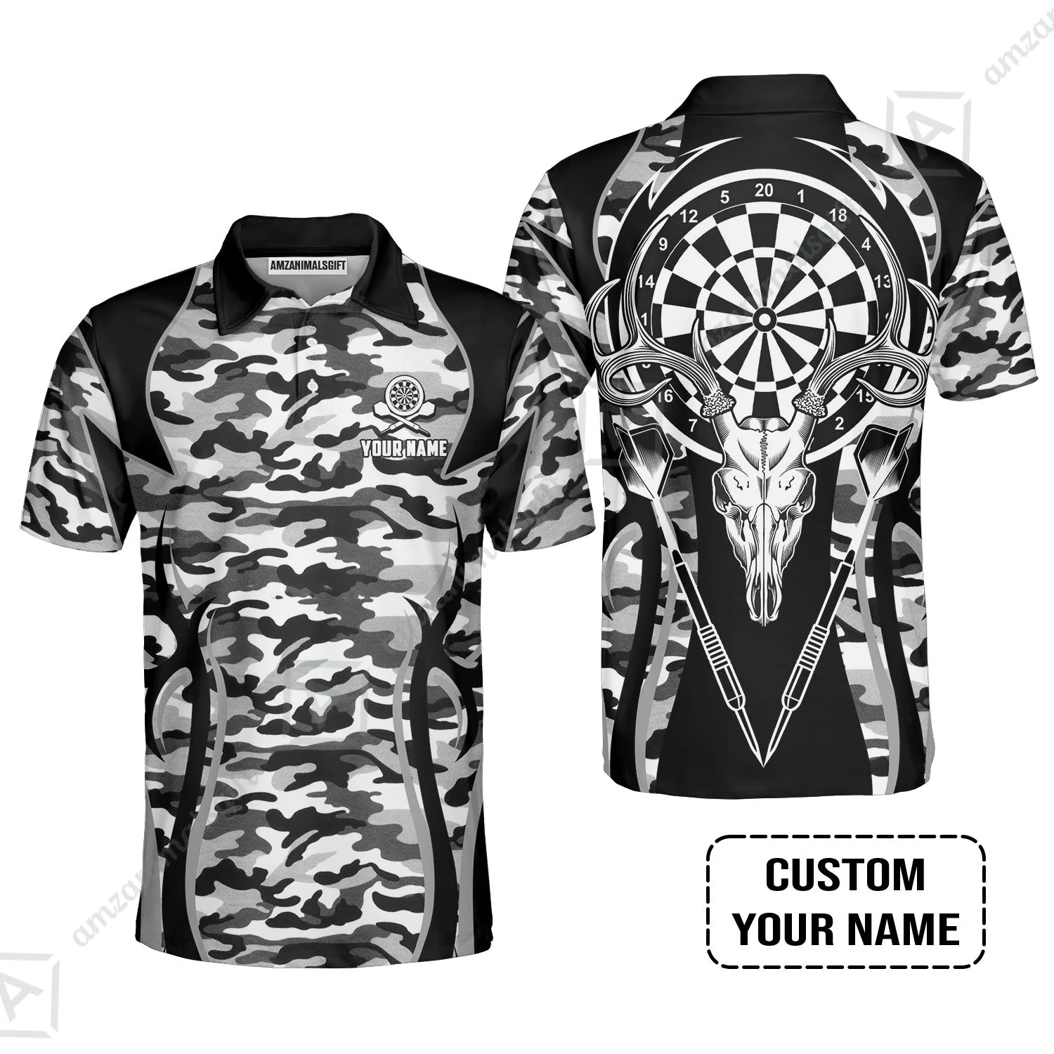 Darts Custom Name Men Long Polo Shirt, Camo Darts And Deer Personalized Long Polo Shirt - Image 3