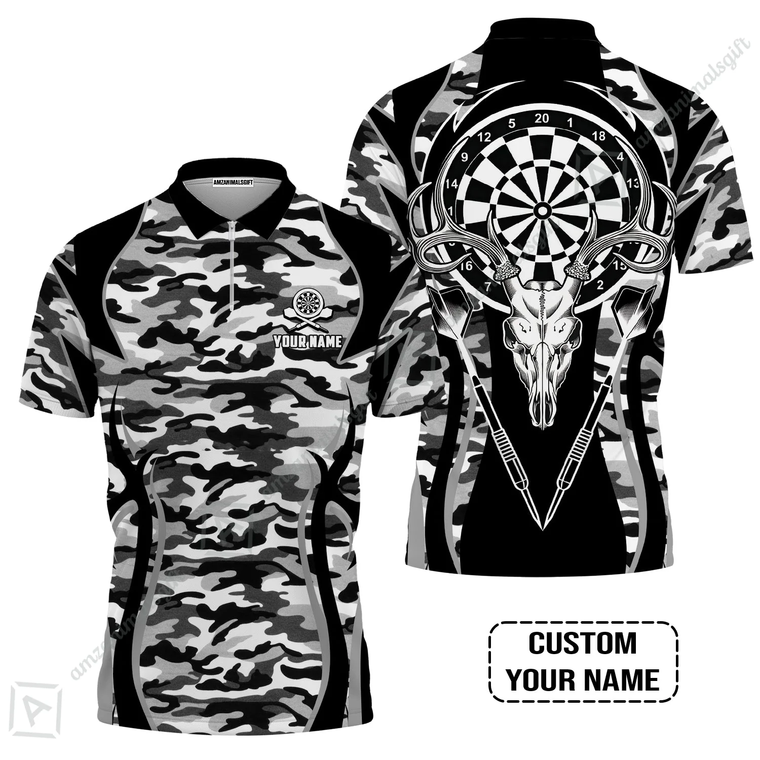 Darts Custom Name Men Long Polo Shirt, Camo Darts And Deer Personalized Long Polo Shirt - Image 4