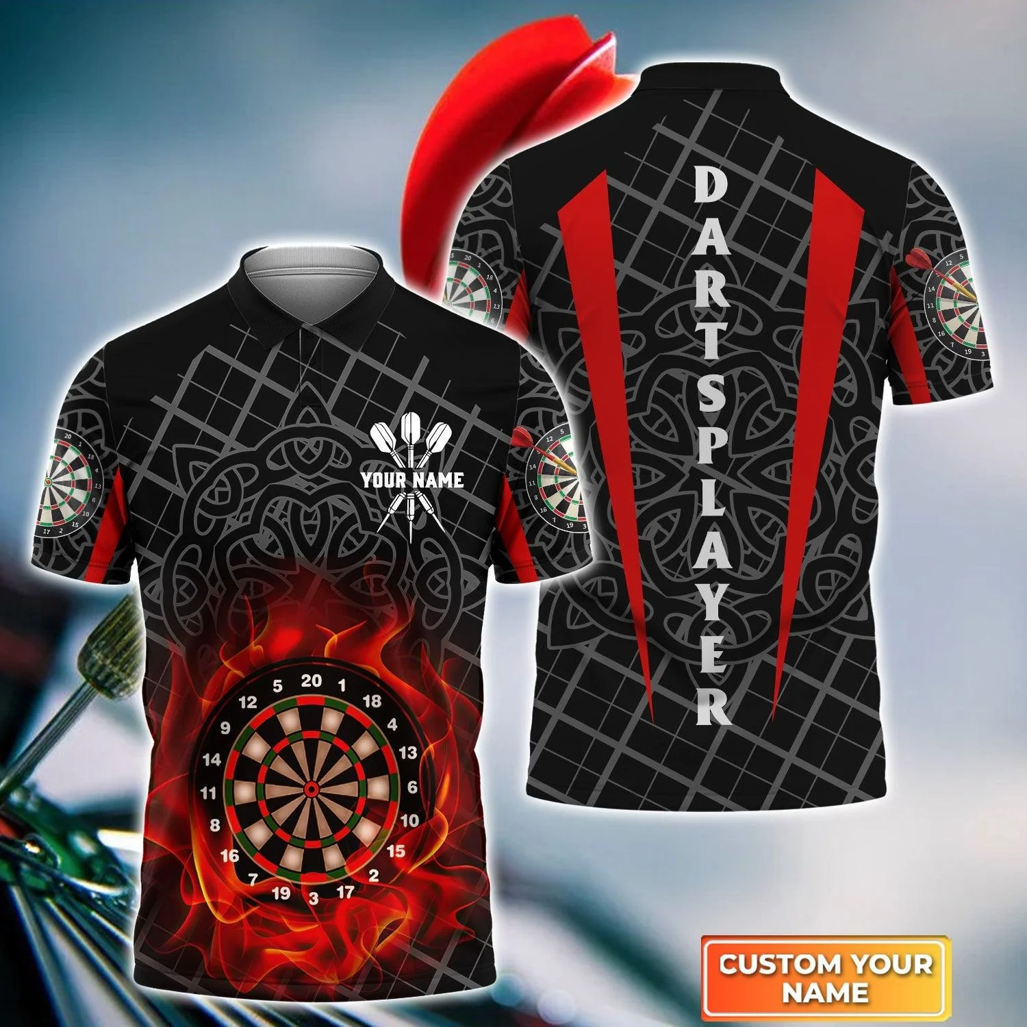 Darts Custom Name Men Polo Shirt, Addict Celtic Pattern Personalized Men Polo Shirt Gift For Darts Lovers, Friend, Darts Team Player