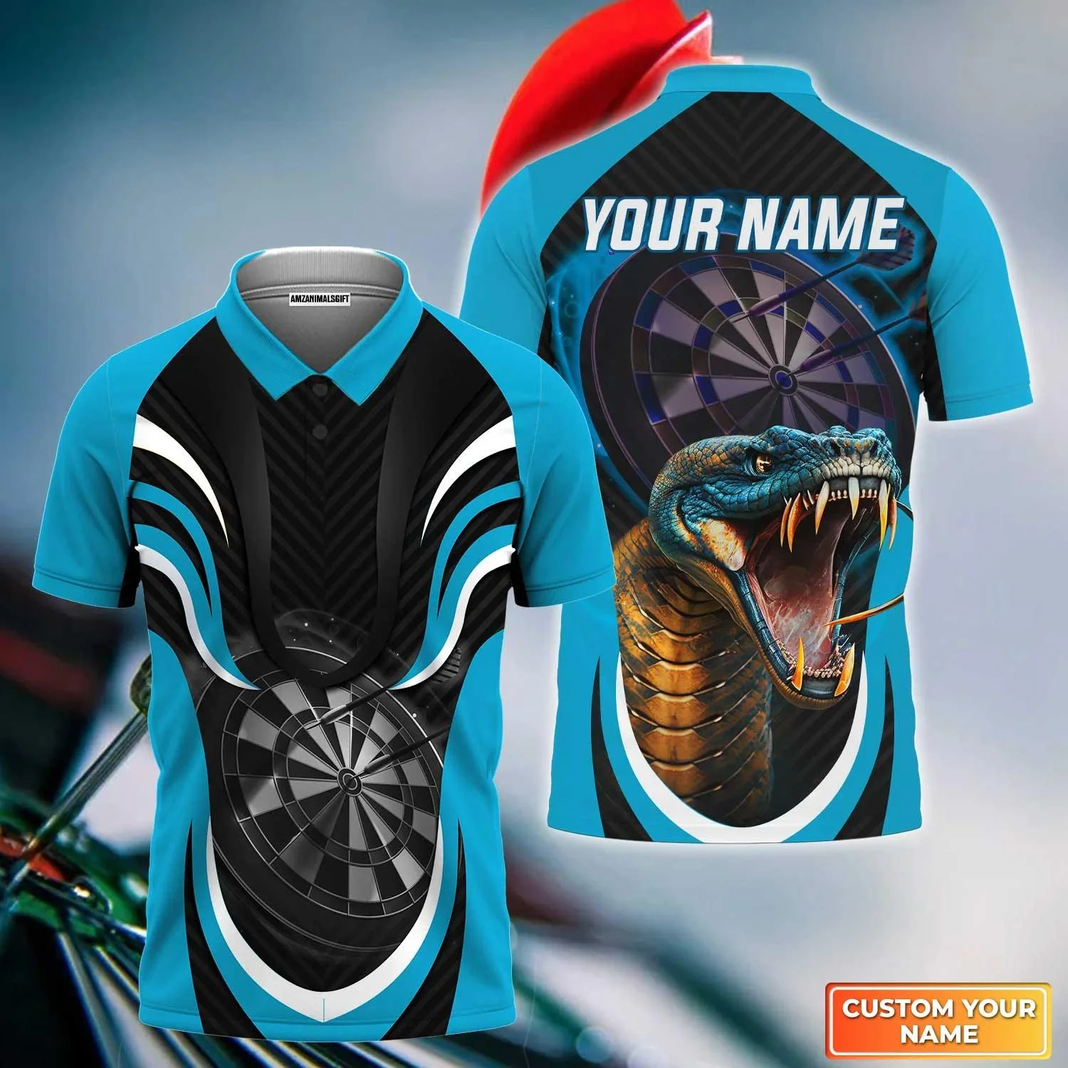 Darts Custom Name Men Polo Shirt, Blue Bullseye Dartboard Personalized Name King Cobra And Darts Polo Shirts For Men, Gift For Darts Lover, Darts Team - Image 2