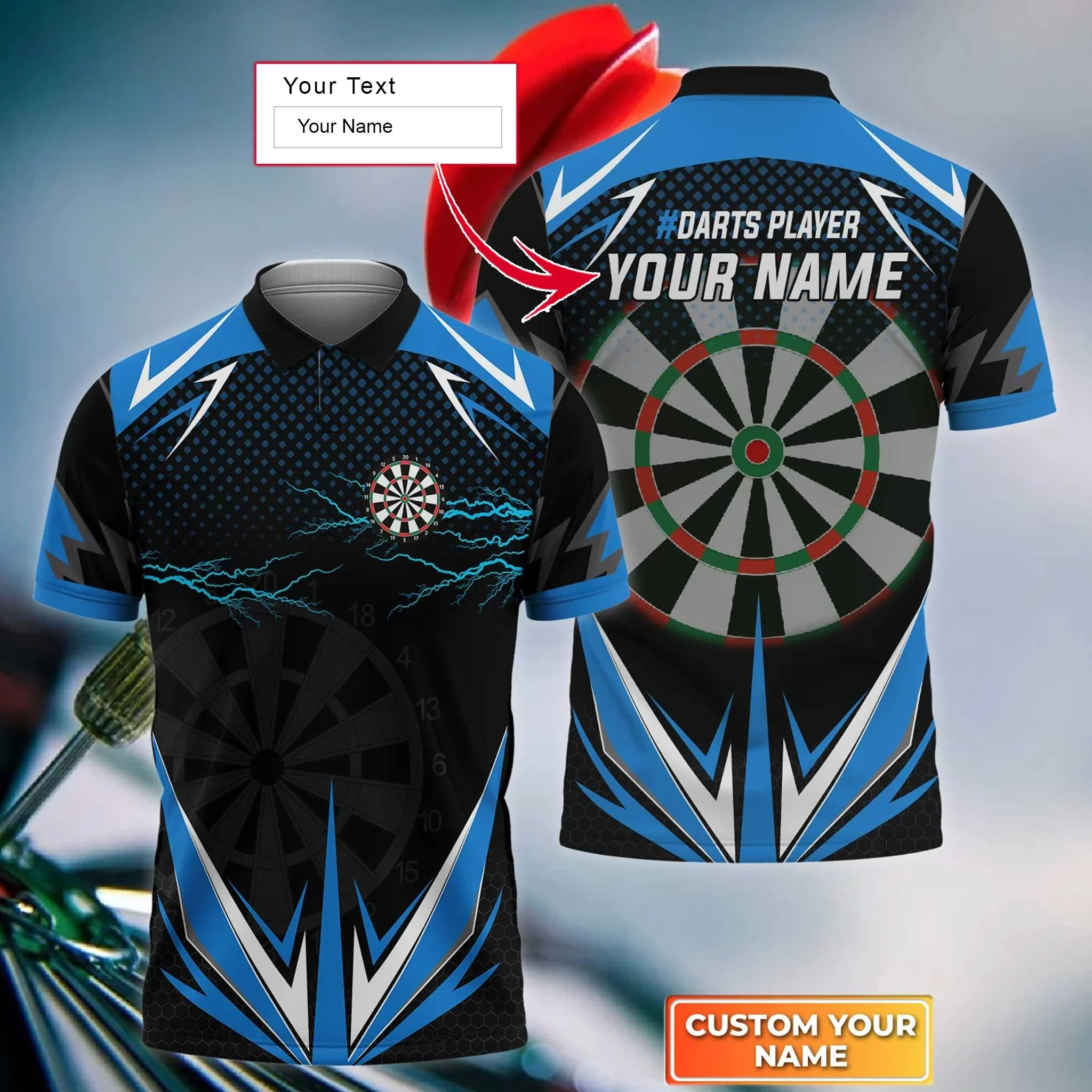 Darts Custom Name Men Polo Shirt, Blue Darts Lightning Dartboard Personalized Men Polo Shirt Gift For Darts Lovers, Friend, Darts Team Player - Image 2