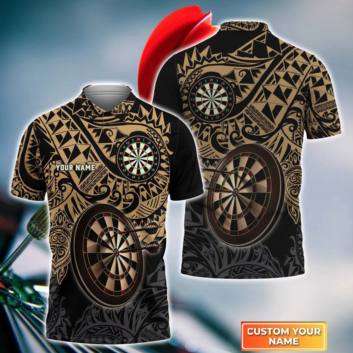 Darts Custom Name Men Polo Shirt, Brown Tattoo Dartboard Personalized Men Polo Shirt Gift For Darts Lovers, Friend, Darts Team Player