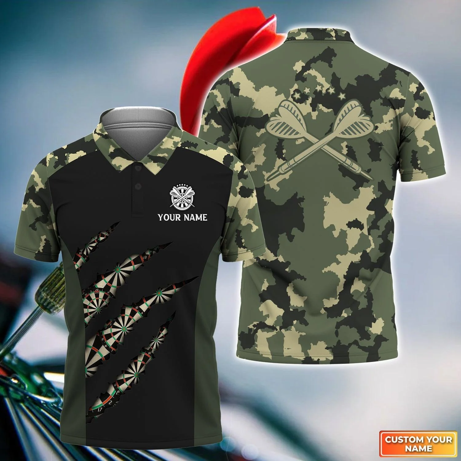 Darts Custom Name Men Polo Shirt, Camo Pattern Dartboard Personalized Men Polo Shirt Gift For Darts Lovers, Darts Team Player Tad, Friends
