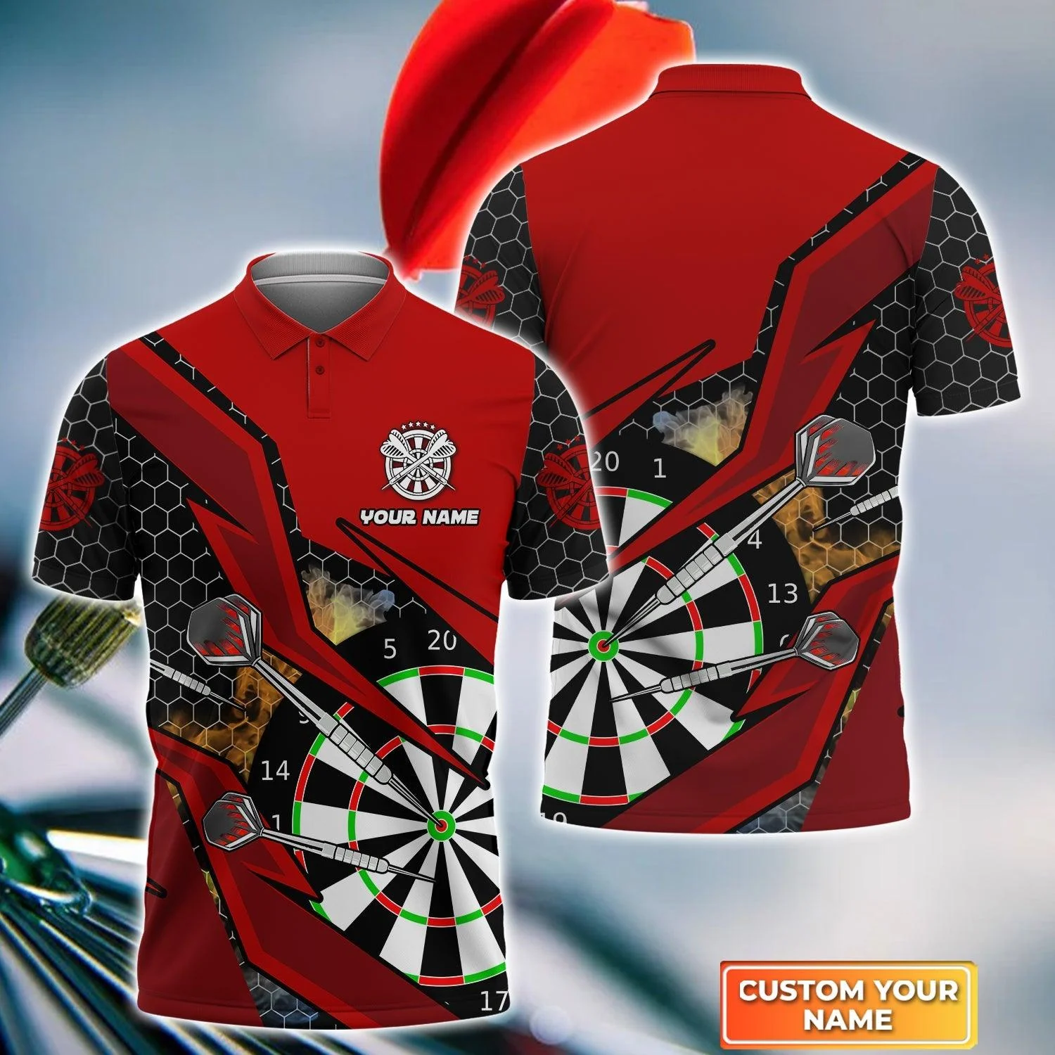 Darts Custom Name Men Polo Shirt, Dart Board Personalized Red Men Polo Shirt Gift For Darts Lovers, Friend, Team, Darts Player