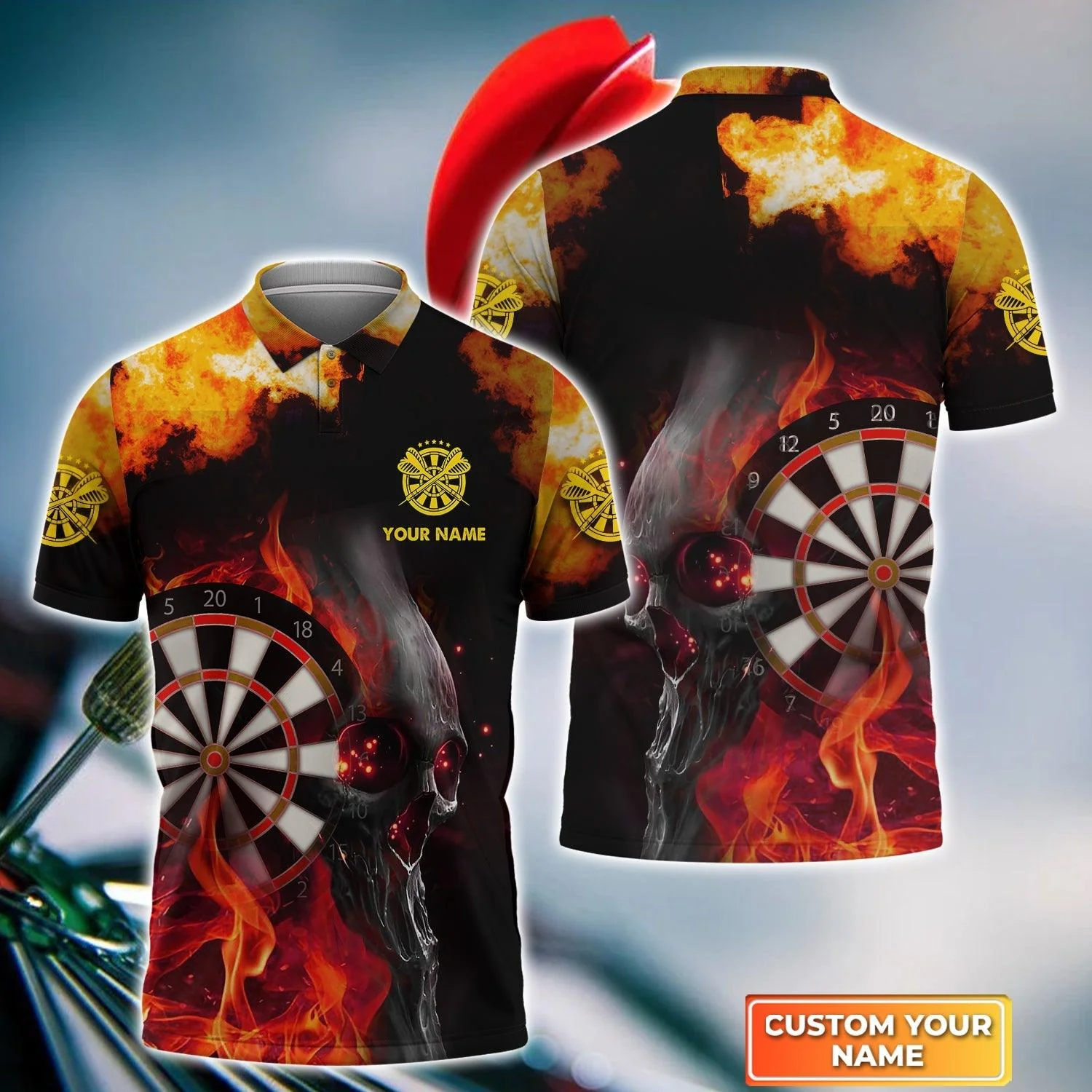 Darts Custom Name Men Polo Shirt, Dartboard Fire Skull Personalized Men Polo Shirt Gift For Darts Lovers, Friend, Darts Team Player