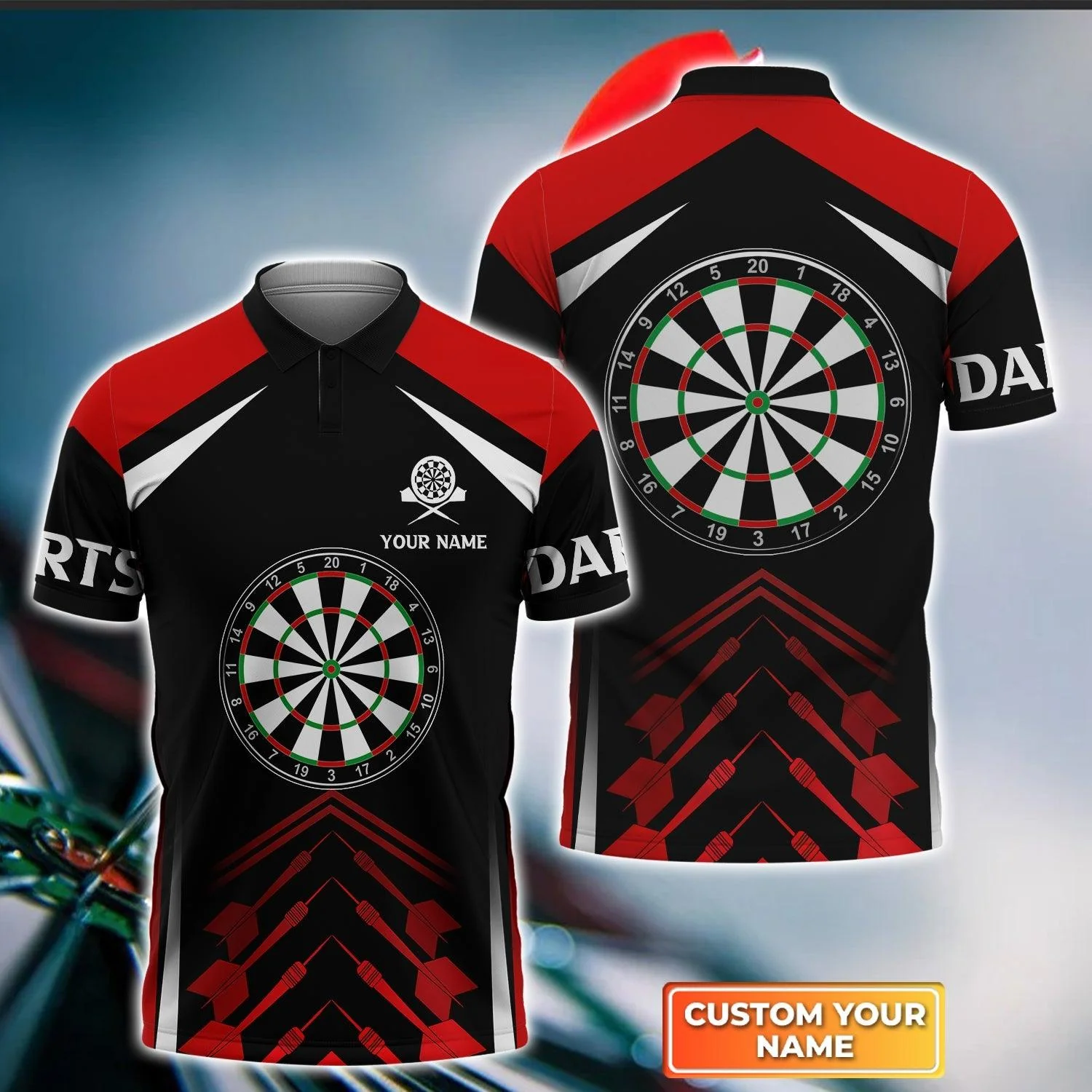 Darts Custom Name Men Polo Shirt, Darts Red Black Dartboard Personalized Men Polo Shirt Gift For Darts Lovers, Friend, Team, Darts Player