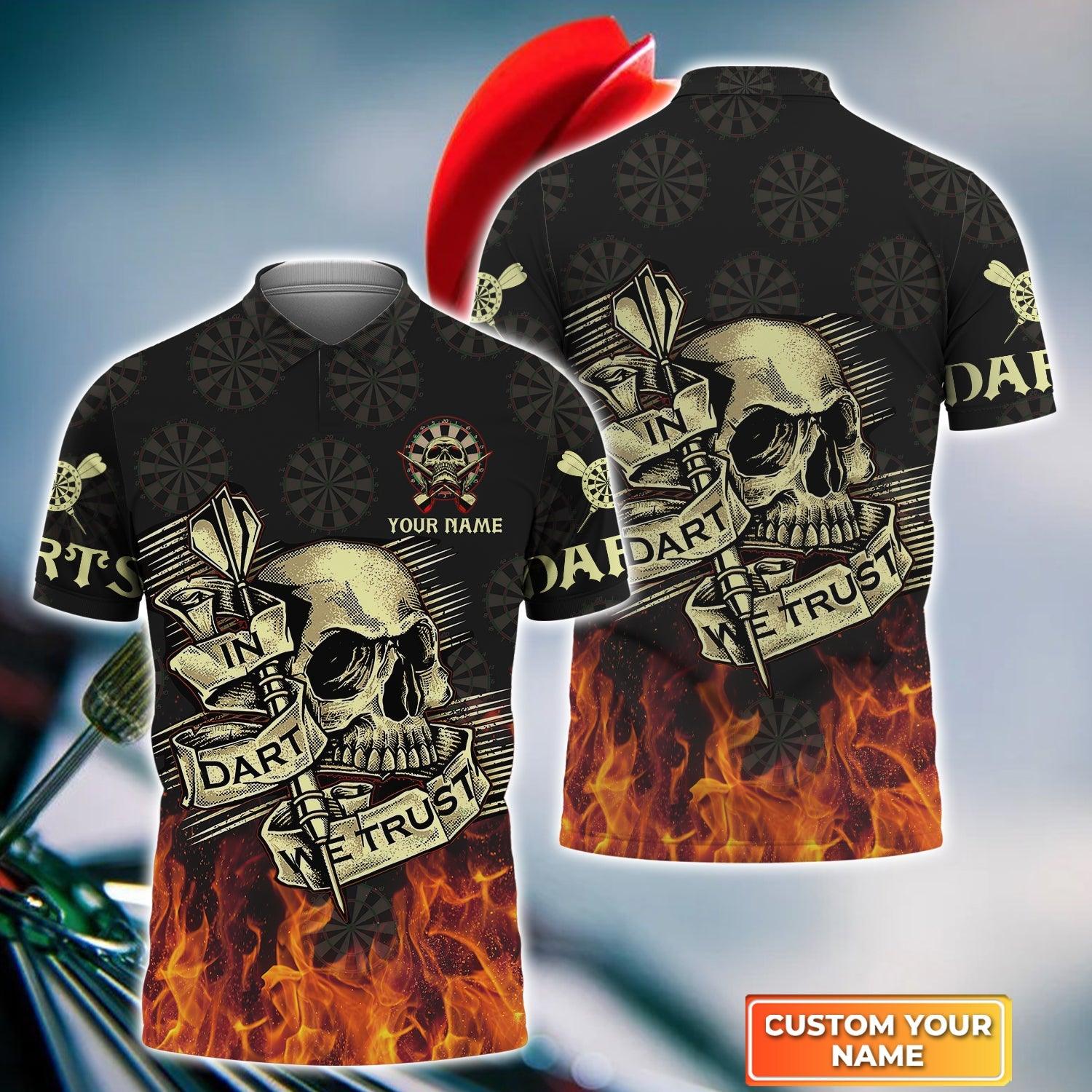 Darts Custom Name Men Polo Shirt, Flame Skull In Dart We Trust Personalized Men Polo Shirt Gift For Darts Lovers, Friend, Team, Darts Player