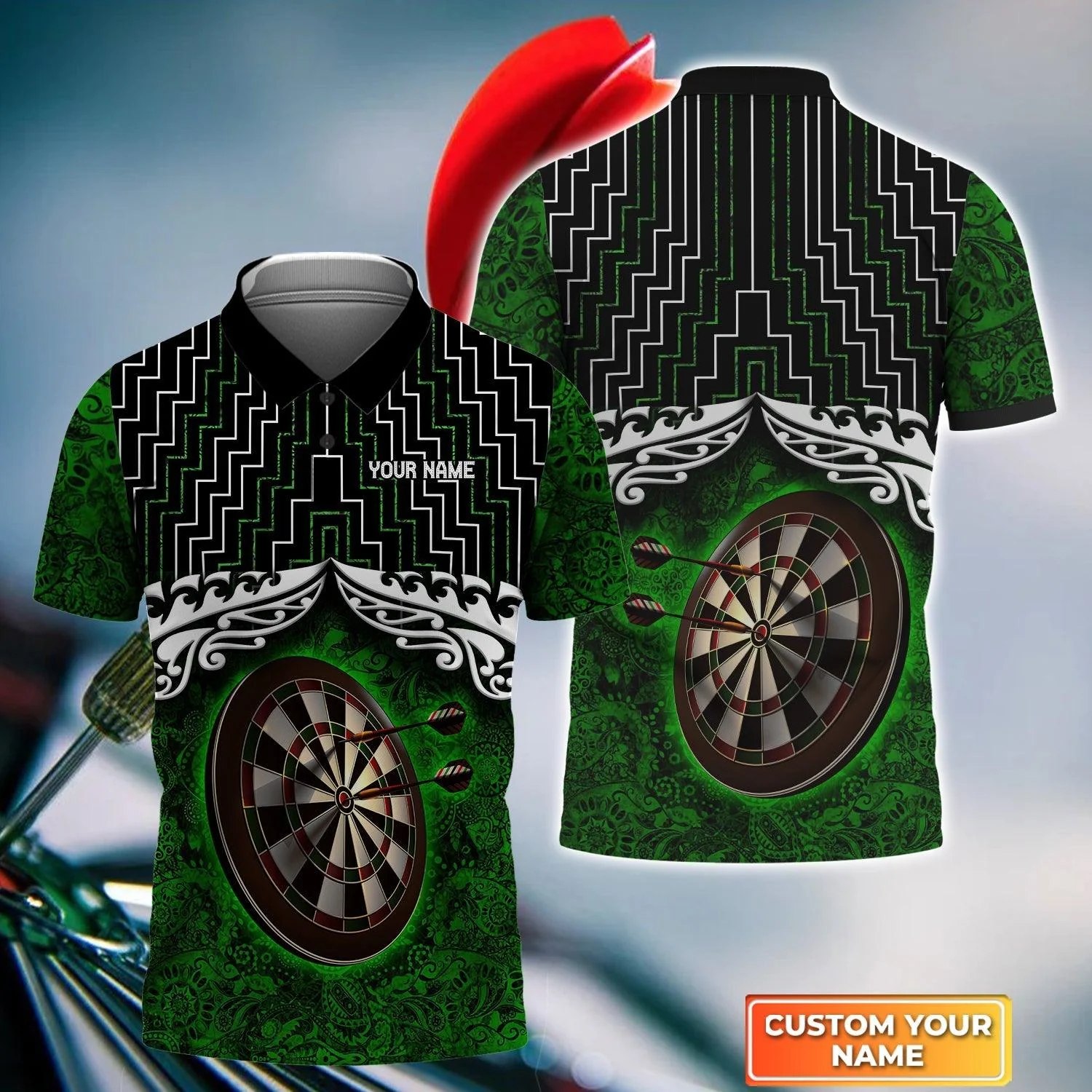 Darts Custom Name Men Polo Shirt, Green Tattoo Darts Dartboard Personalized Men Polo Shirt Gift For Darts Lovers, Friend, Darts Team Player
