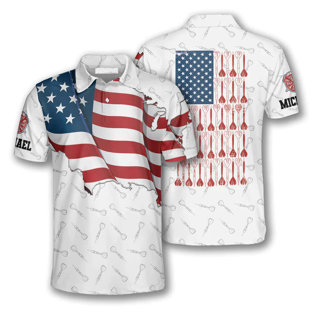 Darts Custom Name Men Polo Shirt, Personalized Darts Patriotic USA Flag White Polo Shirts For Men, 4th of July Apparel For Darts Lovers - Image 2