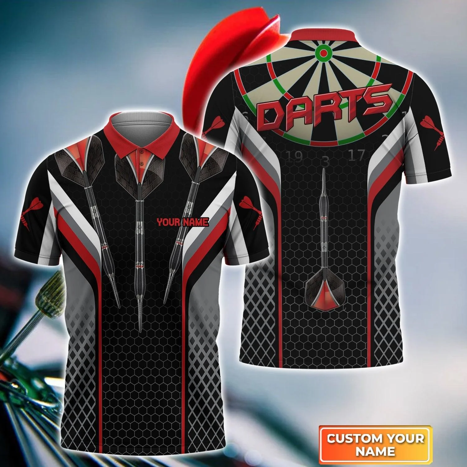 Darts Custom Name Men Polo Shirt, Red Darts Dartboard Personalized Men Polo Shirt Gift For Darts Lovers, Friend, Team, Darts Player
