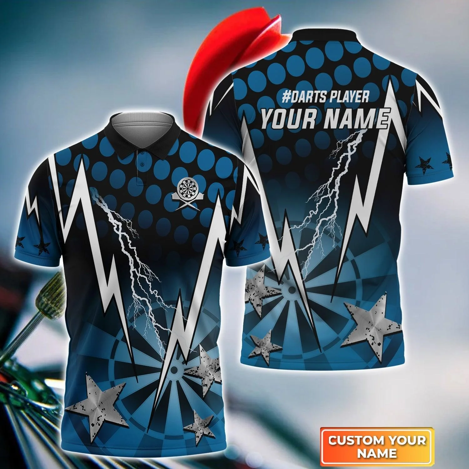 Darts Custom Name Men Polo Shirt, Thunder Lightning Dartboard Personalized Blue Men Polo Shirt Gift For Darts Lovers, Friend, Team Player