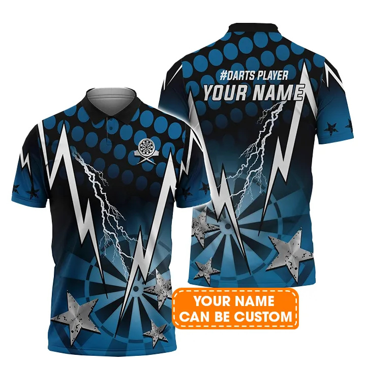 Darts Custom Name Men Polo Shirt, Thunder Lightning Dartboard Personalized Blue Men Polo Shirt Gift For Darts Lovers, Friend, Team Player - Image 2