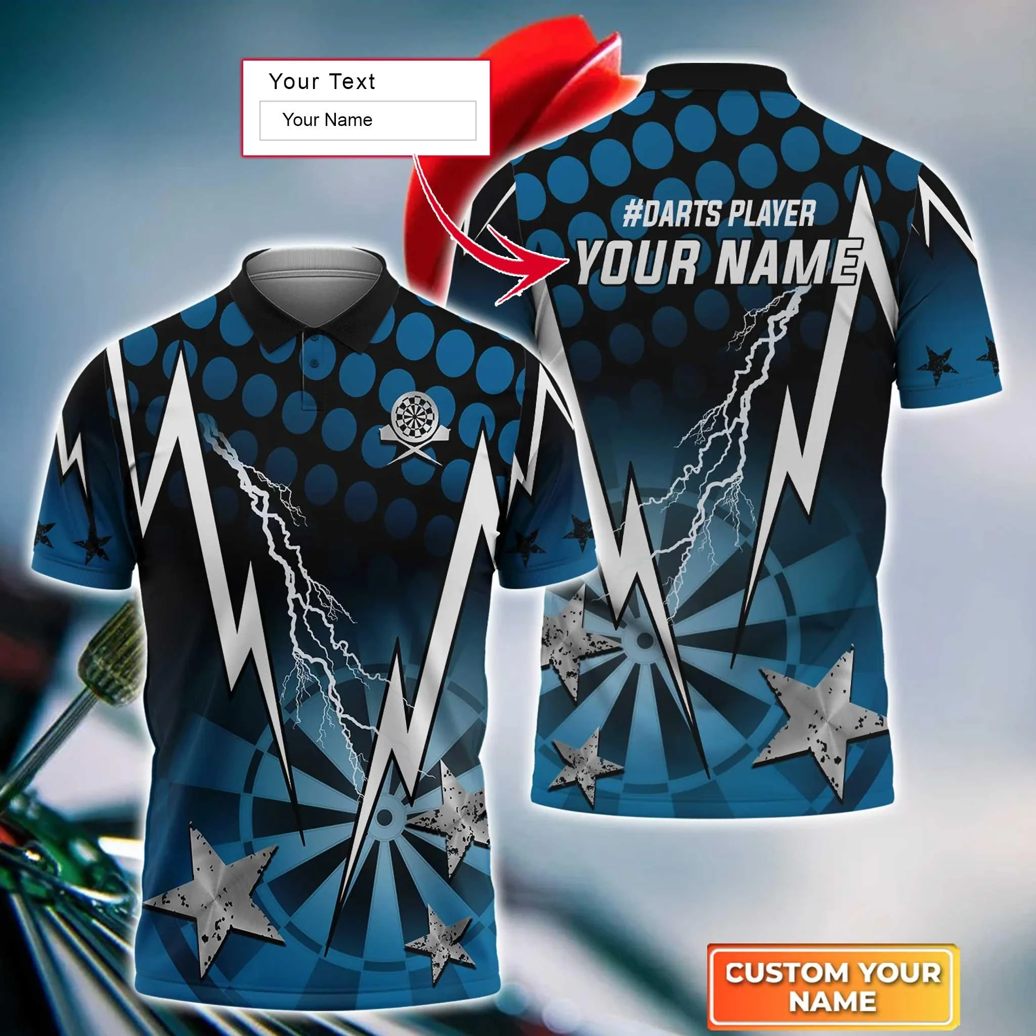 Darts Custom Name Men Polo Shirt, Thunder Lightning Dartboard Personalized Blue Men Polo Shirt Gift For Darts Lovers, Friend, Team Player - Image 3