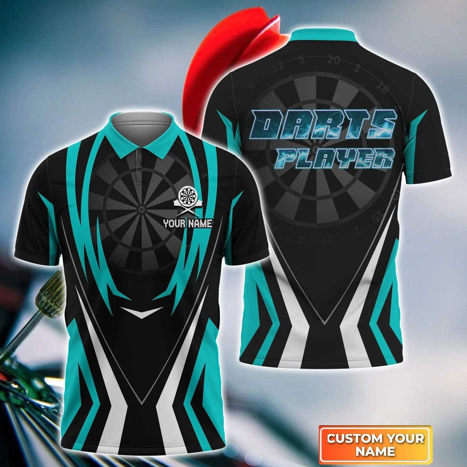Darts Custom Name Men Polo Shirt, Turquoise Darts Dartboard Personalized Men Polo Shirt Gift For Darts Lovers, Friend, Darts Team Player