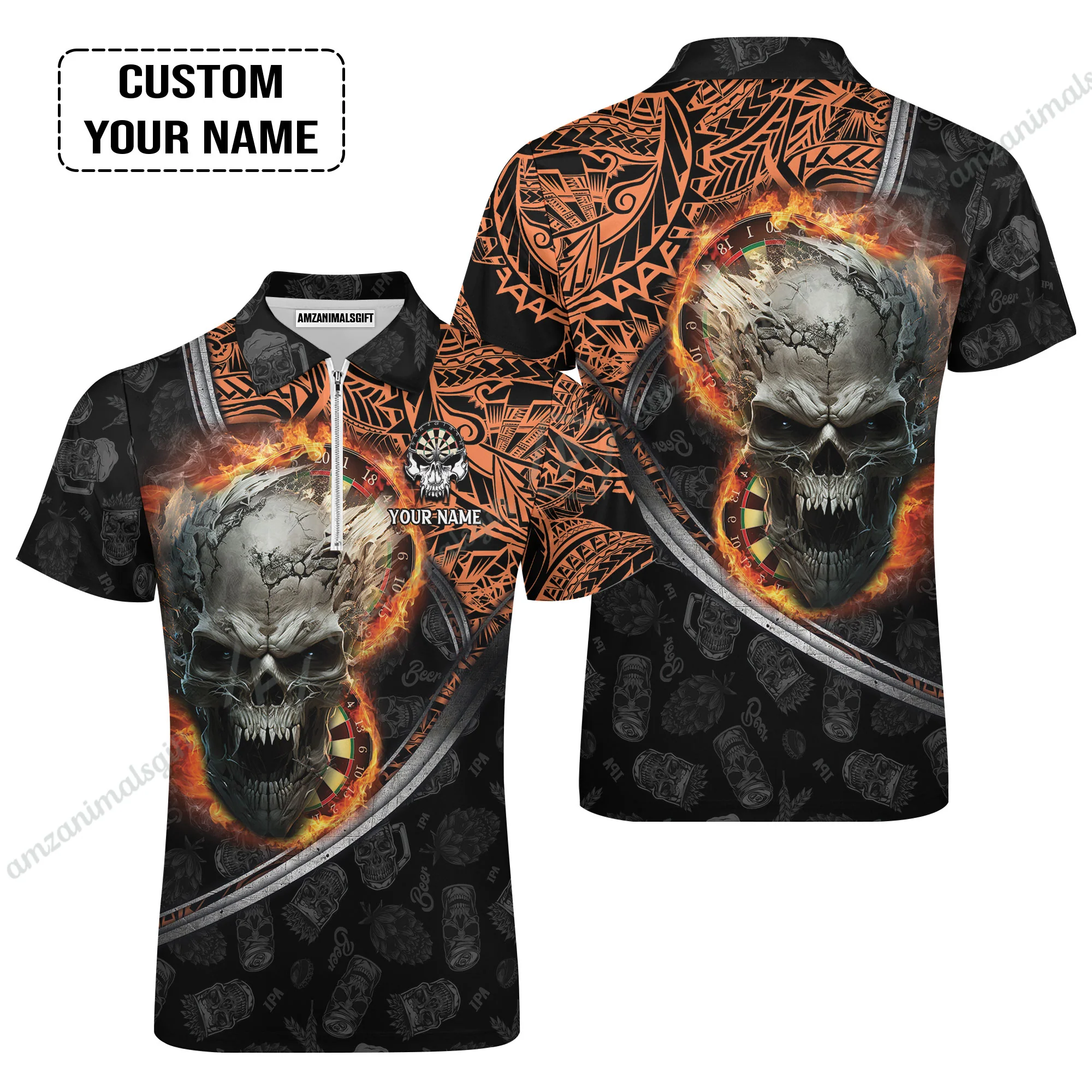 Darts Custom Name Polo Shirt, Skull Maori Tattoo And Darts Custom Name Polo Shirt, Flame Bullseye Dartboard Personalized Polo Shirt - Image 4