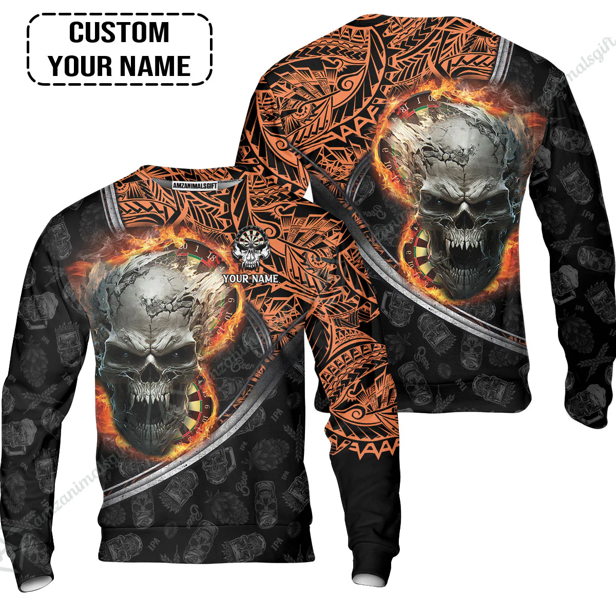 Darts Custom Name Polo Shirt, Skull Maori Tattoo And Darts Custom Name Polo Shirt, Flame Bullseye Dartboard Personalized Polo Shirt - Image 6