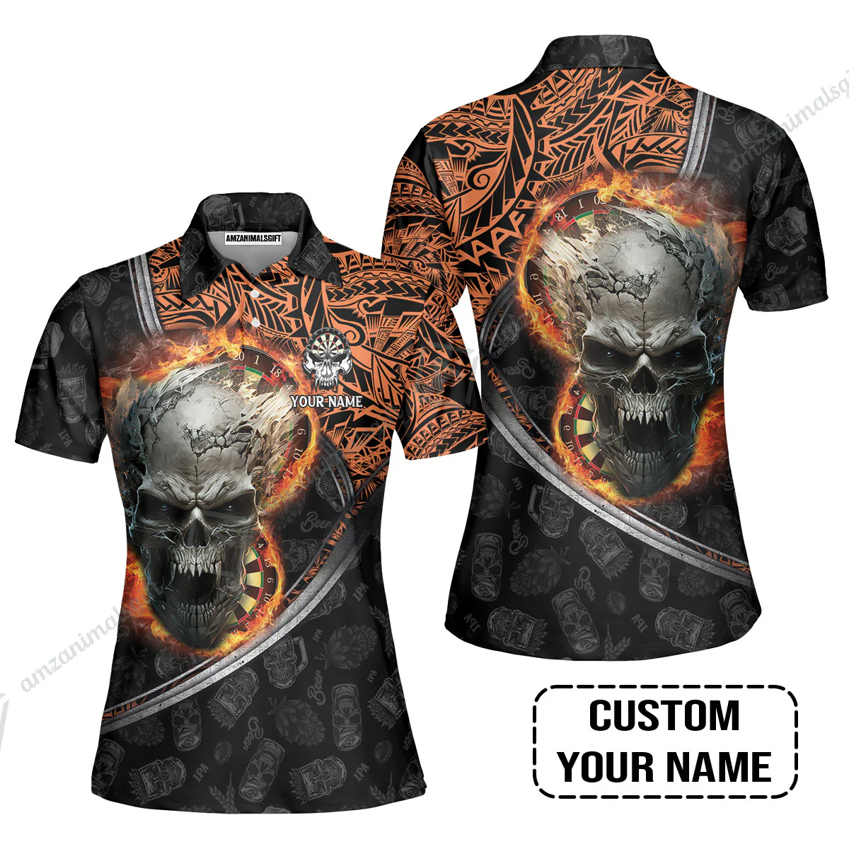 Darts Custom Name Polo Shirt, Skull Maori Tattoo And Darts Custom Name Polo Shirt, Flame Bullseye Dartboard Personalized Polo Shirt - Image 7
