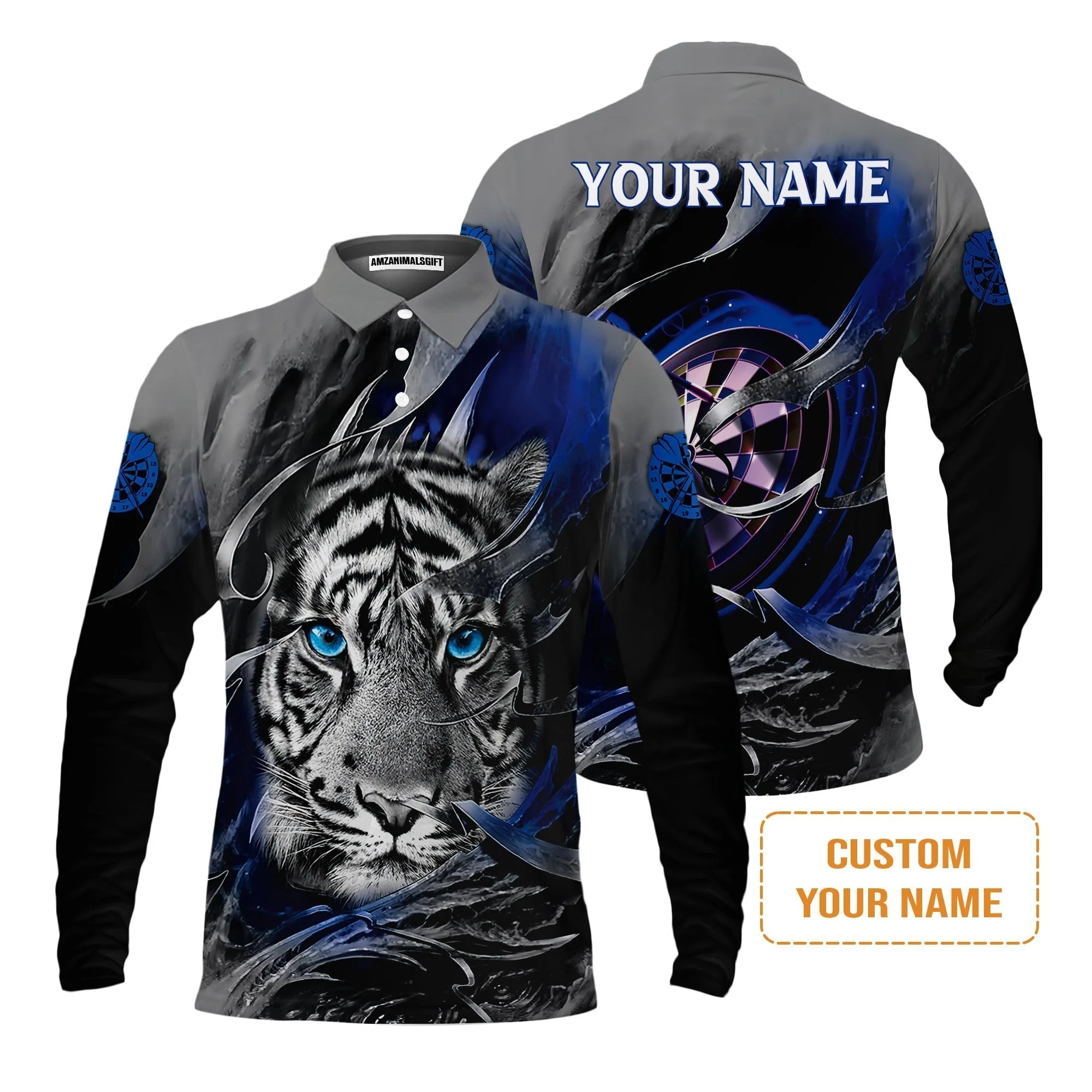 Darts Custom Name Sweatshirt, Blue Bullseye Dartboard Personalized Name Tiger And Darts Sweatshirt - Image 5