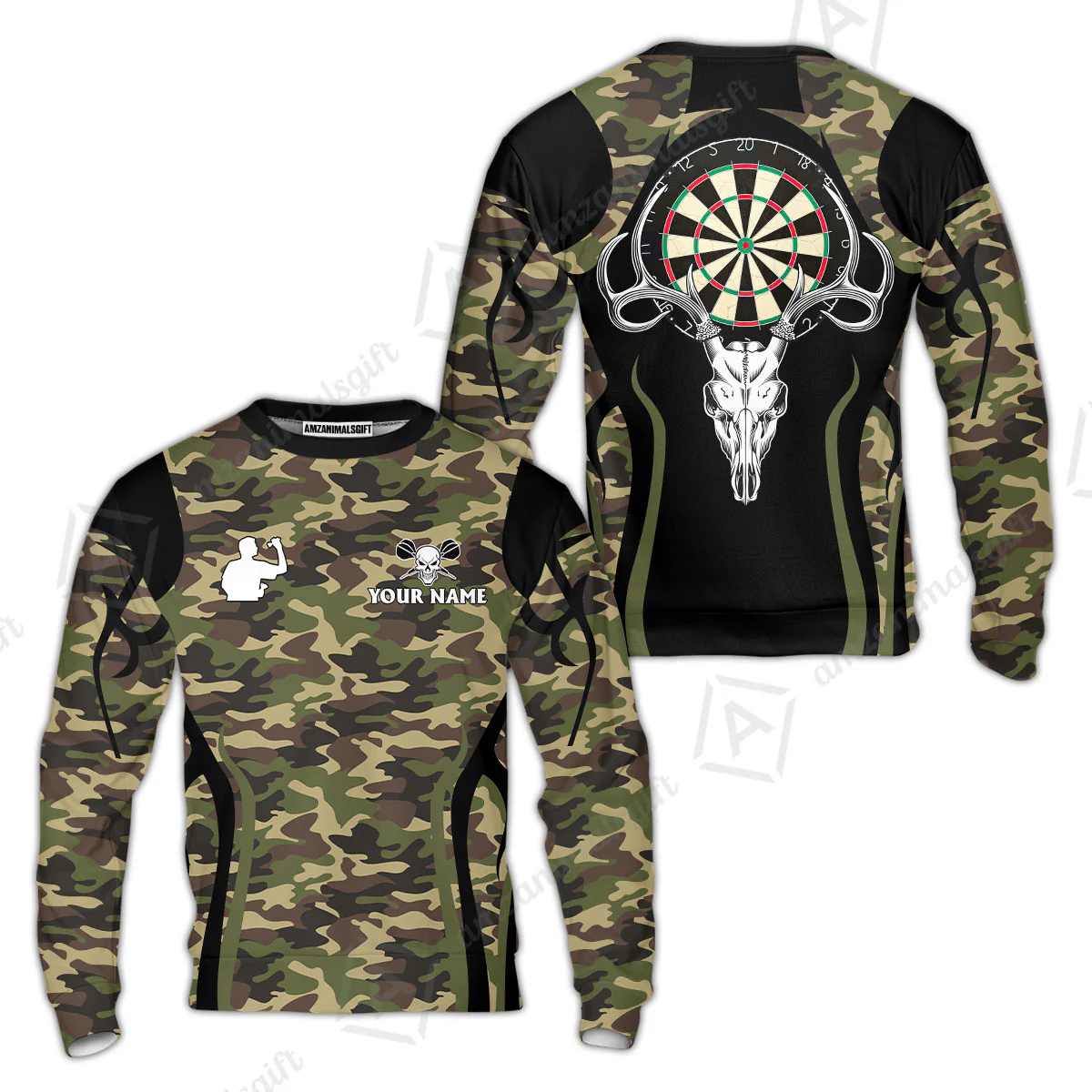 Darts Custom Name Sweatshirt, Camo Skull Deer Dartboard Personalized Sweatshirt- Gift For Darts Lovers, Friend, Darts Team Player - Image 3