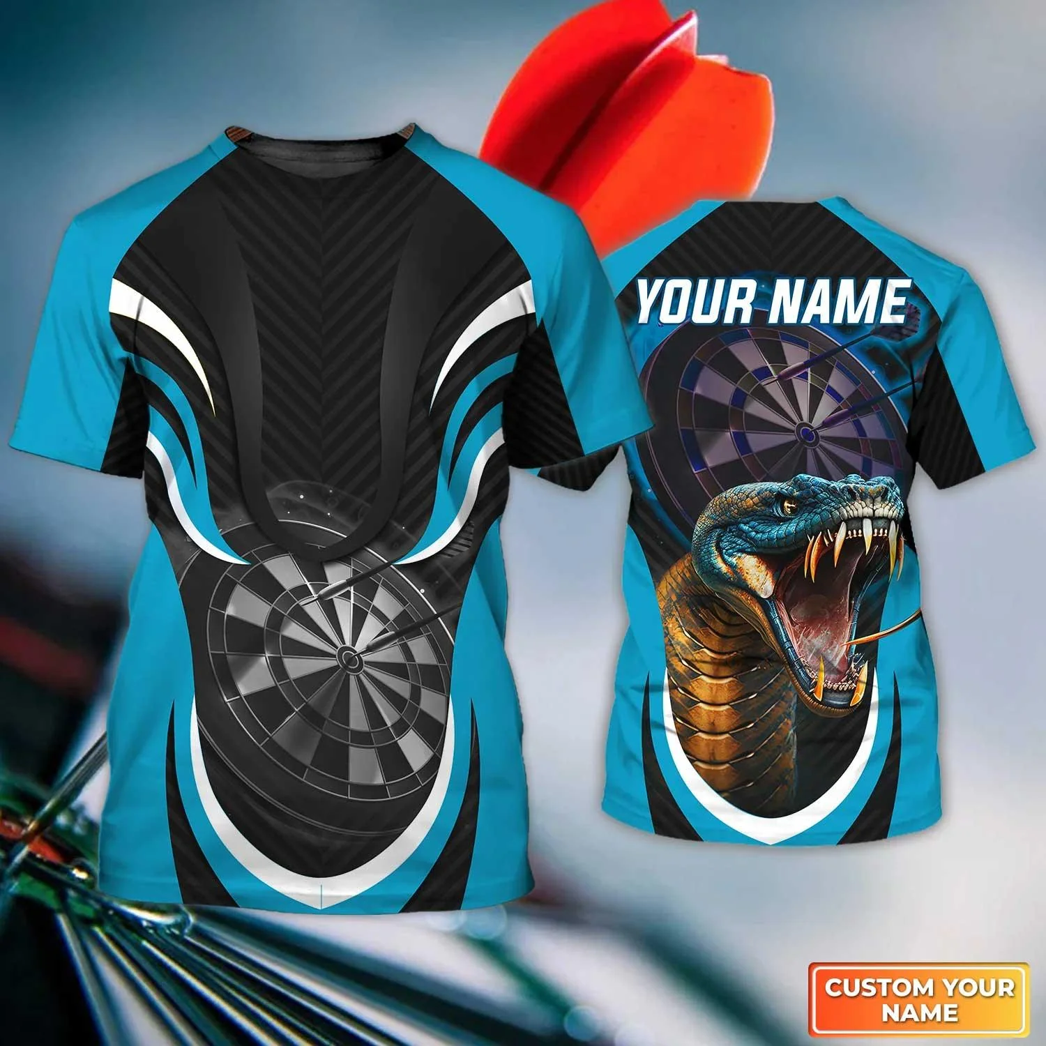 Darts Custom Name T Shirt, Blue Bullseye Dartboard Personalized Name King Cobra And Darts T-Shirt For Men Women - Gift For Darts Lovers, Dart Team - Image 2
