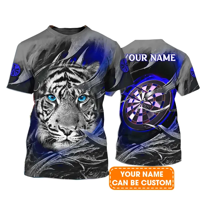 Darts Custom Name T Shirt, Blue Bullseye Dartboard Personalized Name Tiger And Darts T-Shirt For Men Women - Gift For Darts Lovers, Dart Team Player - Image 2