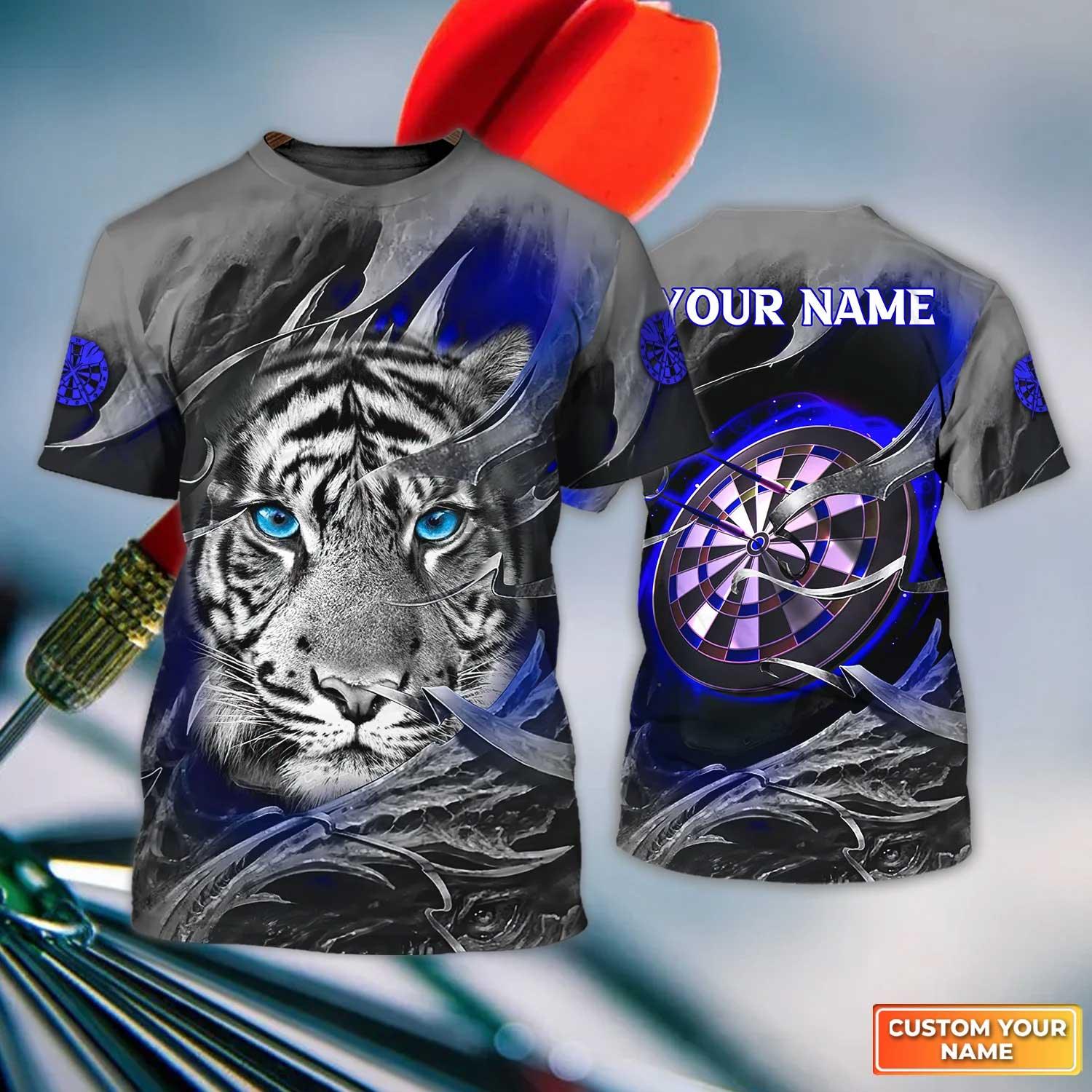 Darts Custom Name T Shirt, Blue Bullseye Dartboard Personalized Name Tiger And Darts T-Shirt For Men Women - Gift For Darts Lovers, Dart Team Player - Image 3